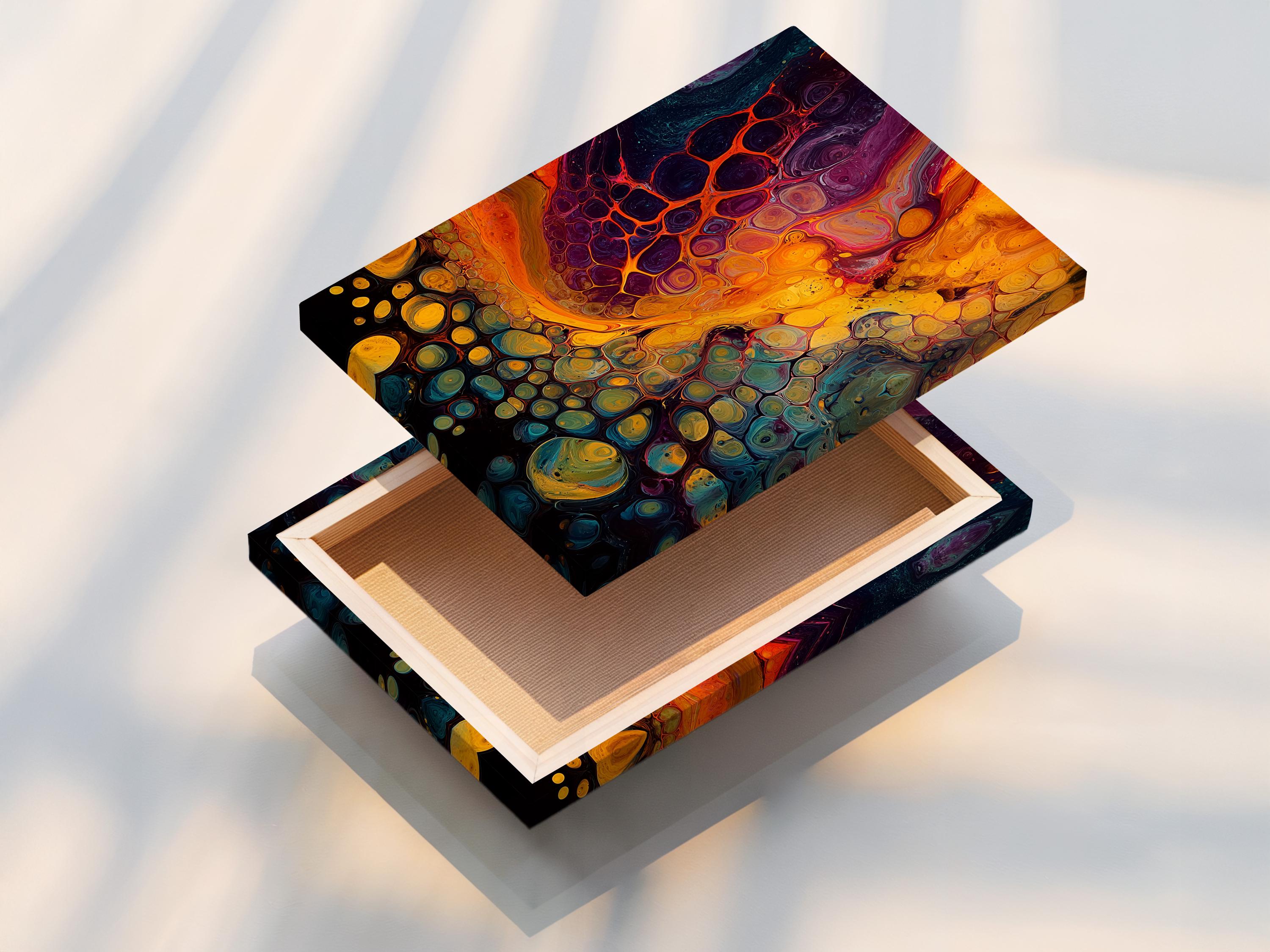 Abstract fluid artwork with gold, purple, teal and orange flowing bubble-like shapes detail view