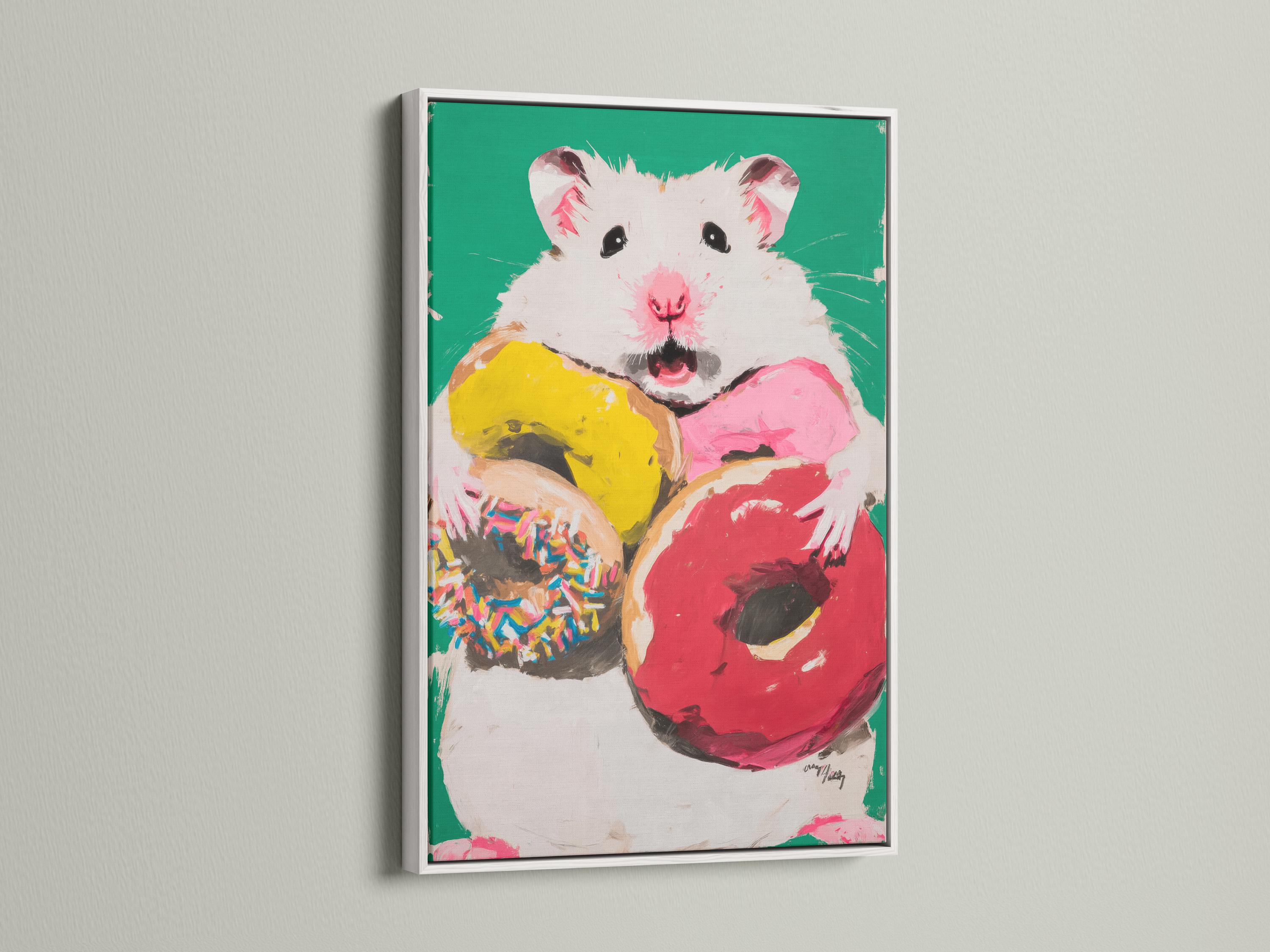 Cute hamster portrait holding a pink donut on a bright green background detail view