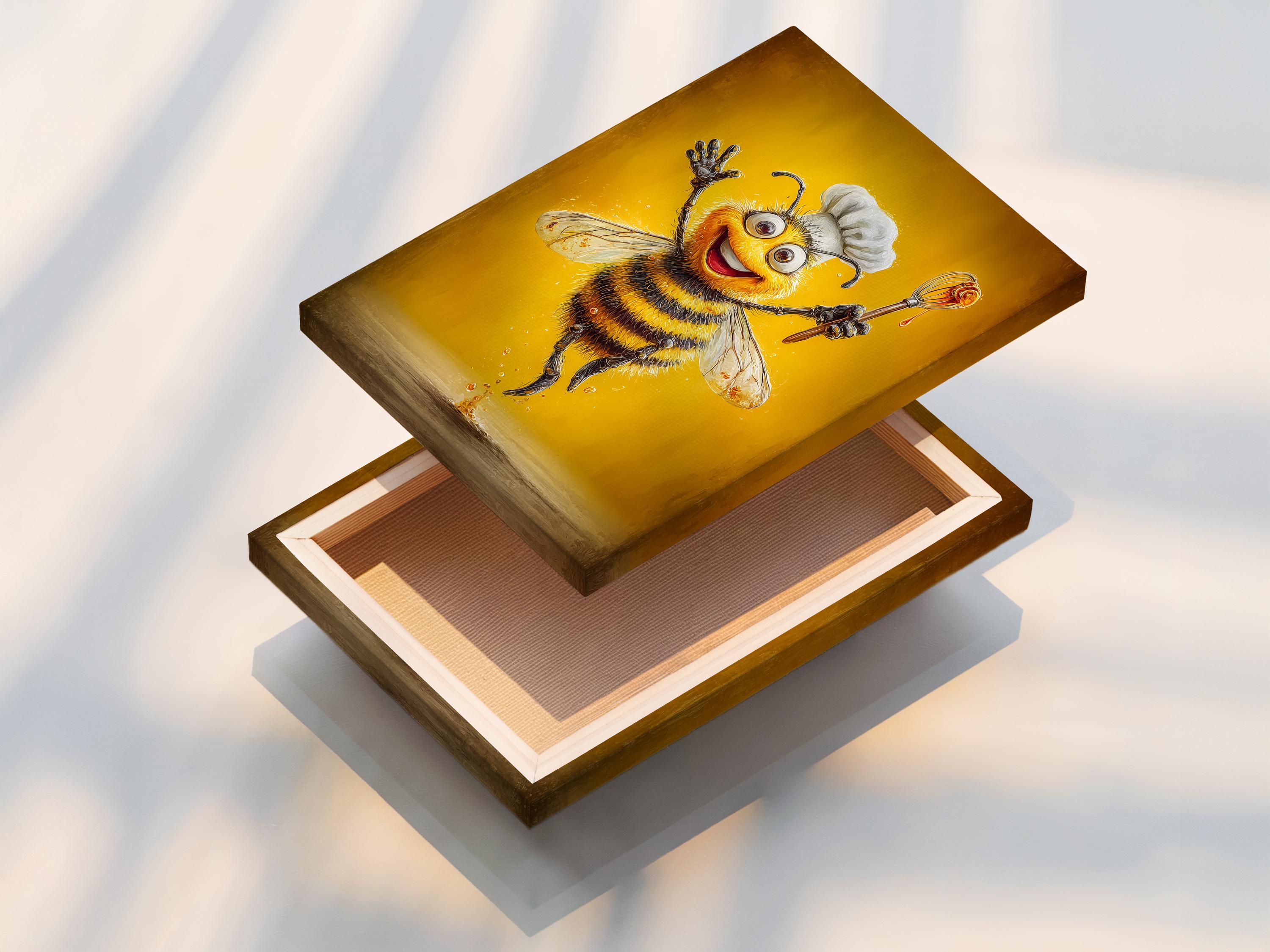 Smiling cartoon bee chef holding a whisk on a warm golden background detail view