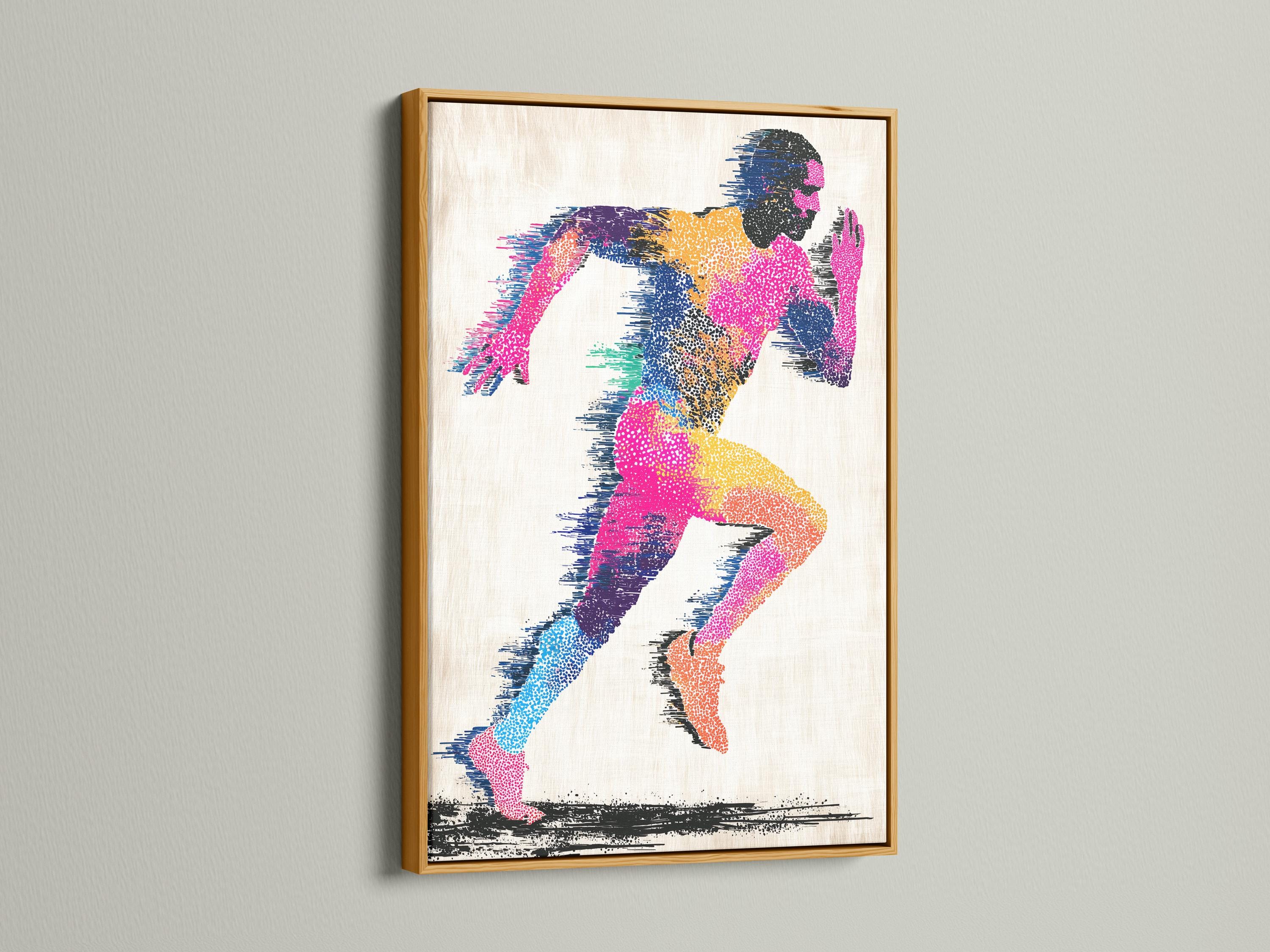 Abstract running man artwork with multicolour speckled figure and black accents detail view