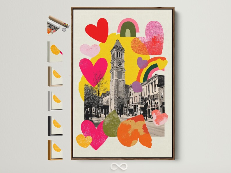 Retro cityscape with a clock tower overlaid by colourful hearts and rainbow shapes