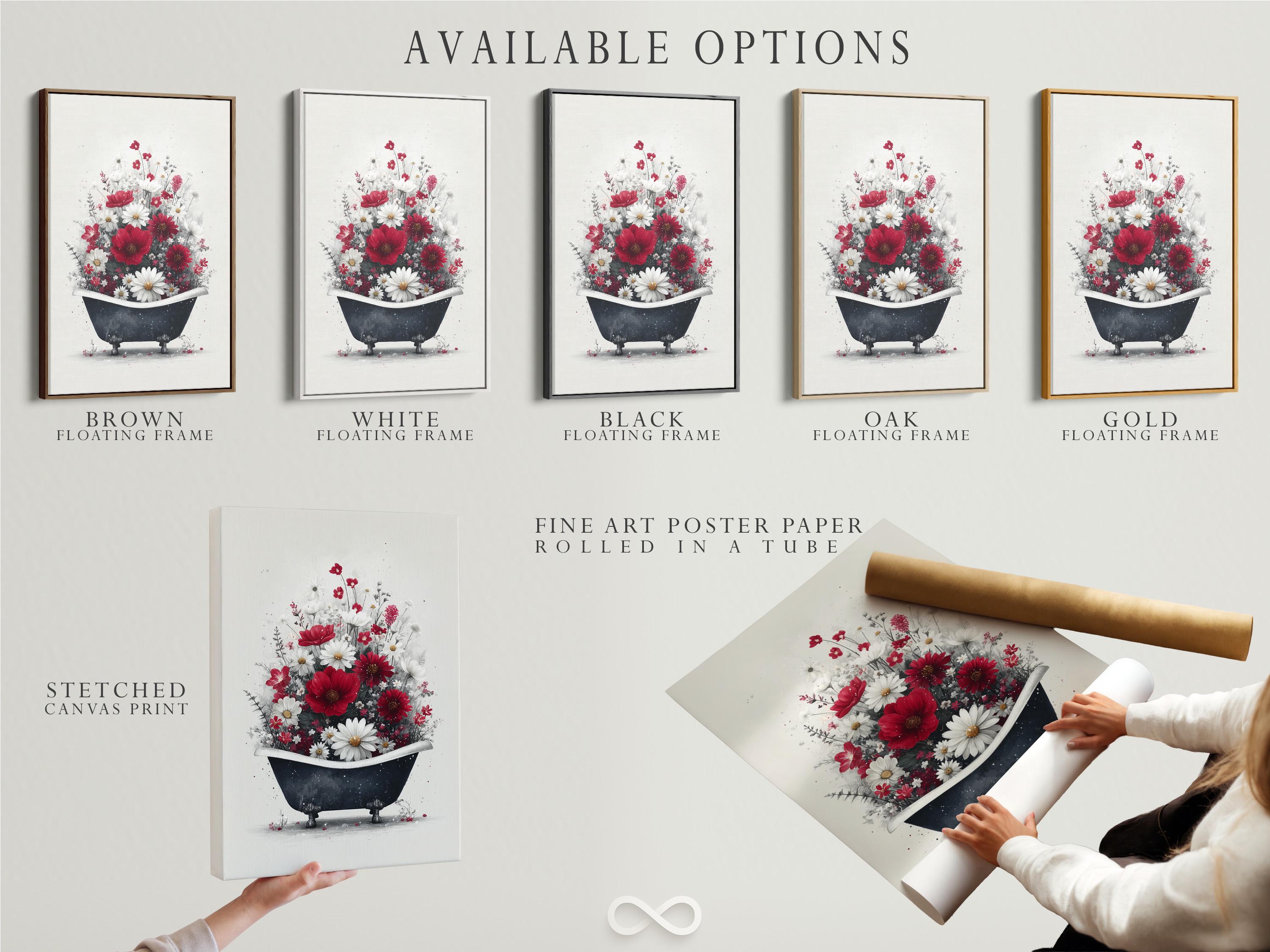 Vintage floral bathtub illustration with red and white flowers filling a dark bathtub detail view