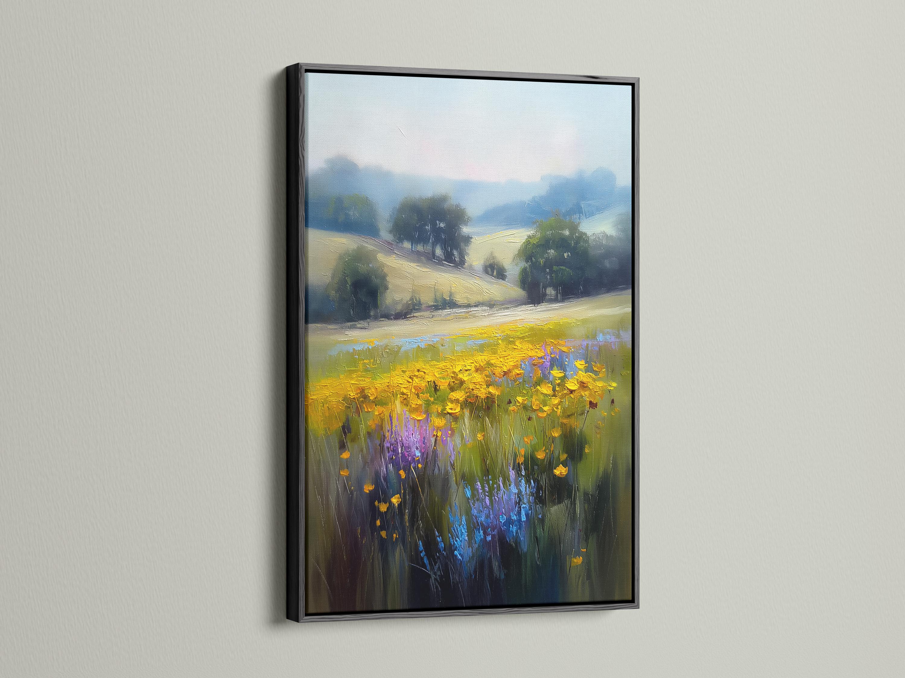 Impressionist meadow landscape with yellow flowers, green grasses and a blue cloudy sky detail view