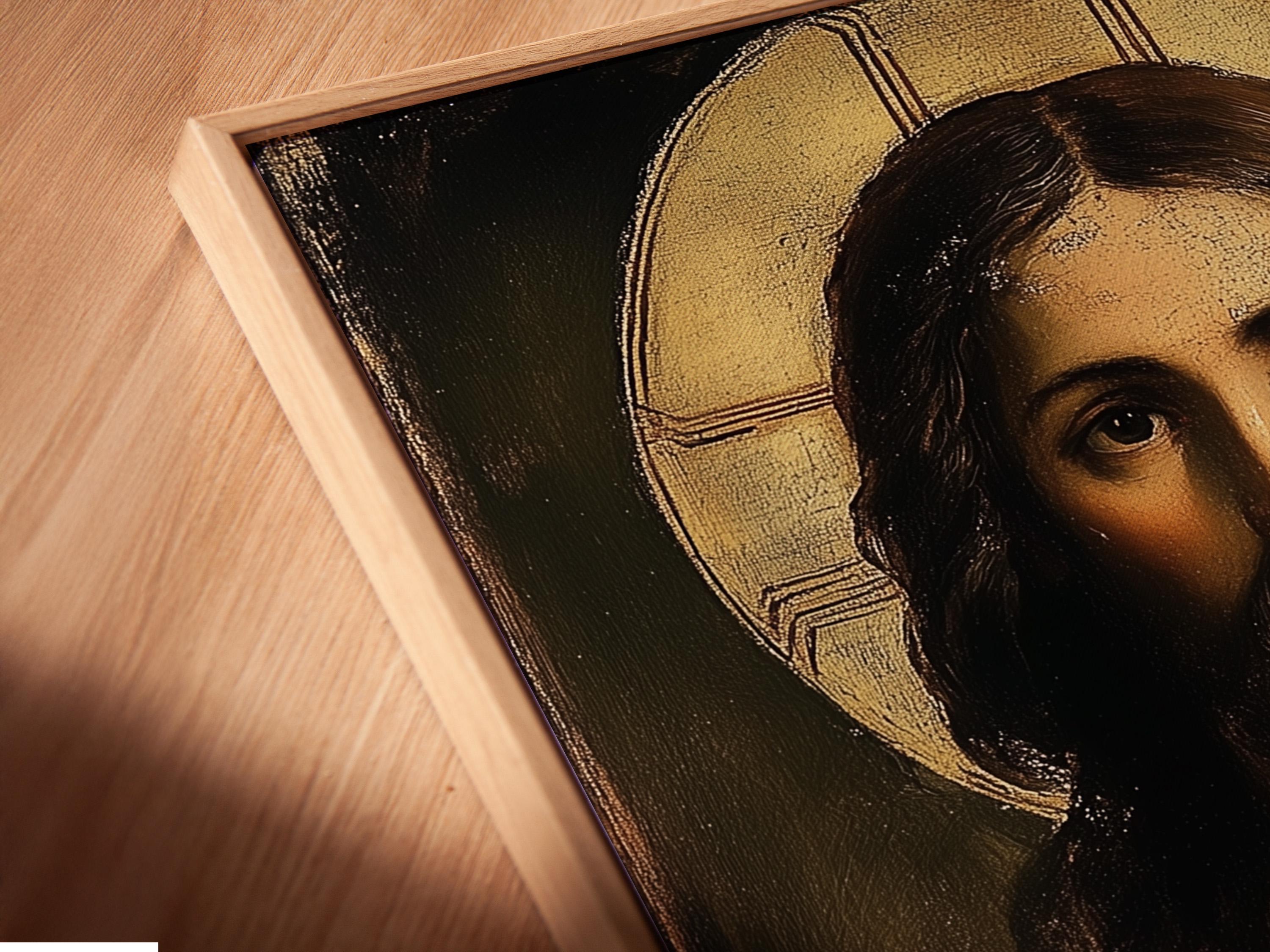 Jesus portrait with long dark hair and a glowing gold halo detail view