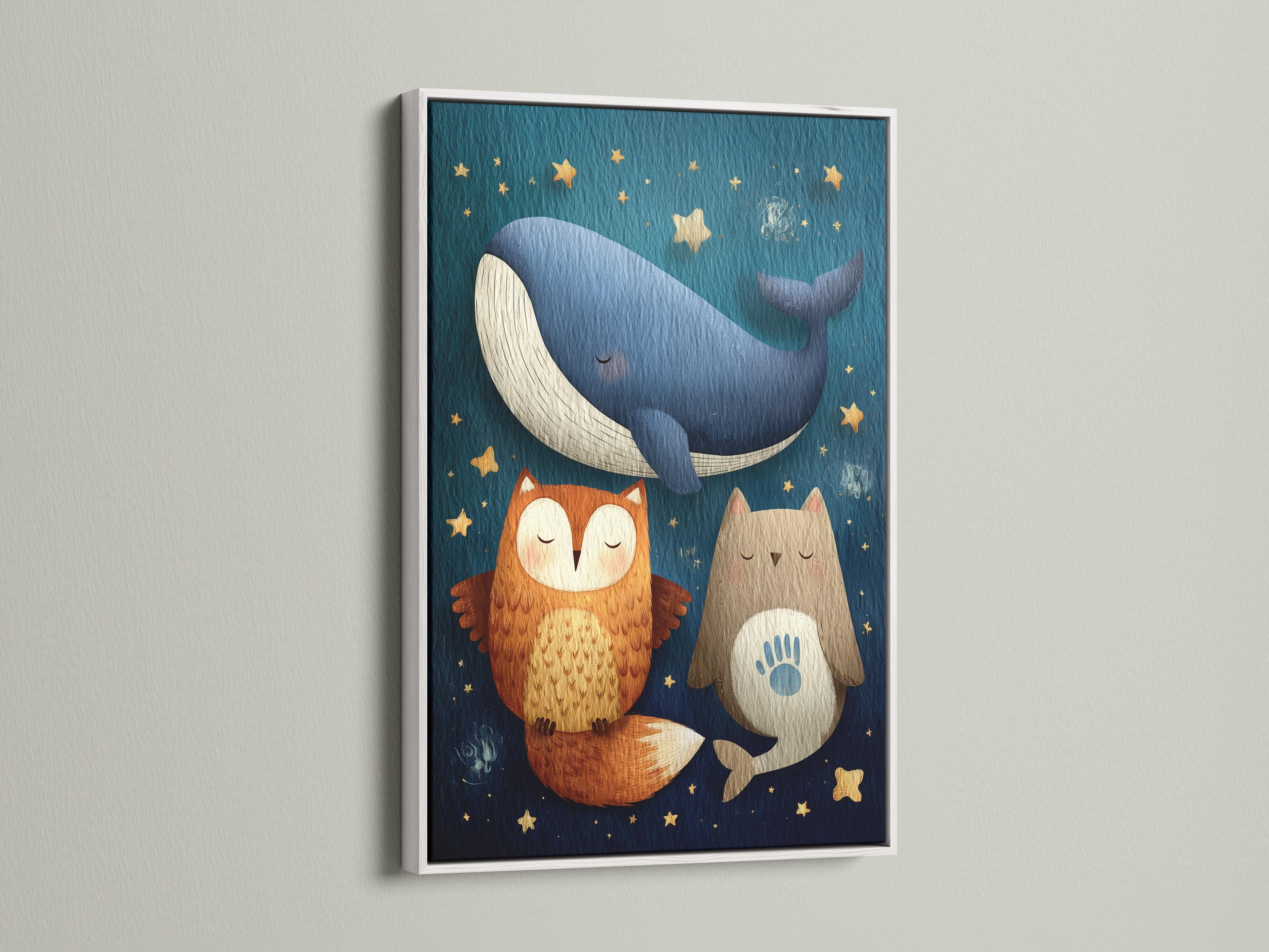 Navy blue animal illustration featuring a large whale, owl-like character, and starry gold accents detail view