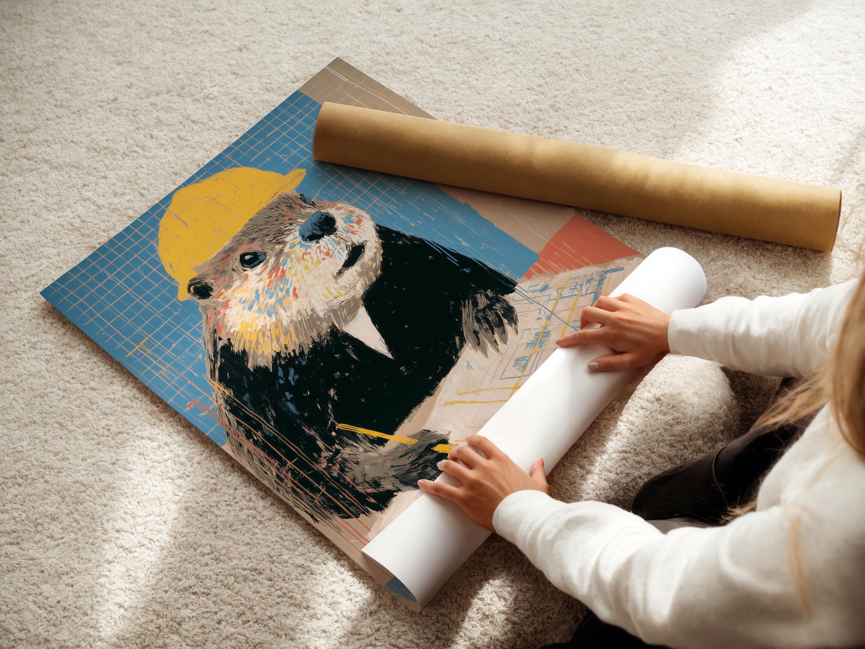 Stylised beaver wearing a yellow hard hat on a blue blueprint grid background detail view