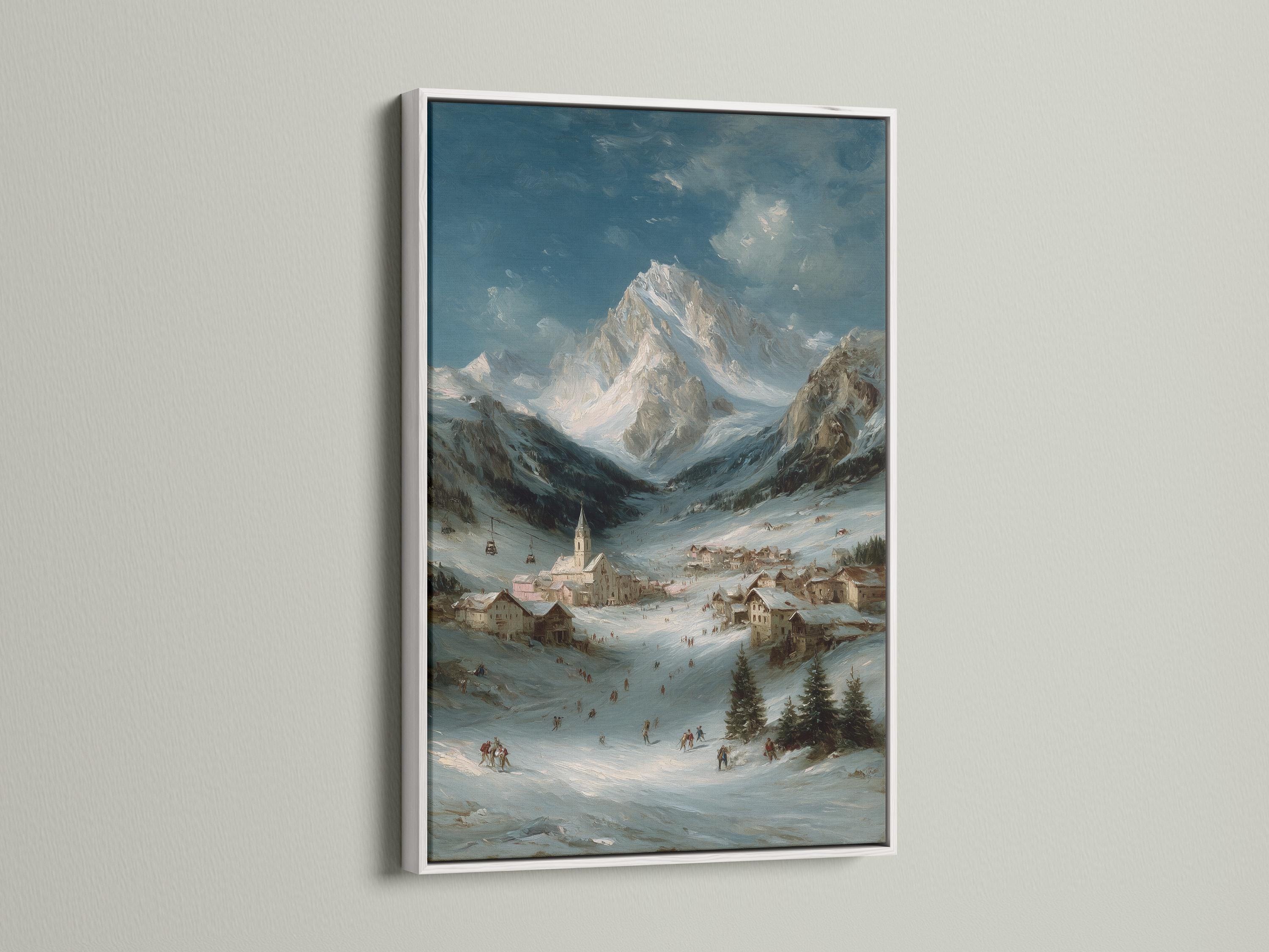 Snowy mountain valley painting with a village, church tower, skiers, evergreens and distant peaks detail view