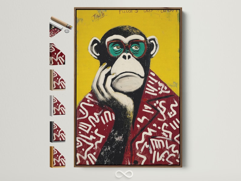 Portrait of a stylised monkey wearing oversized round glasses against a bright yellow background
