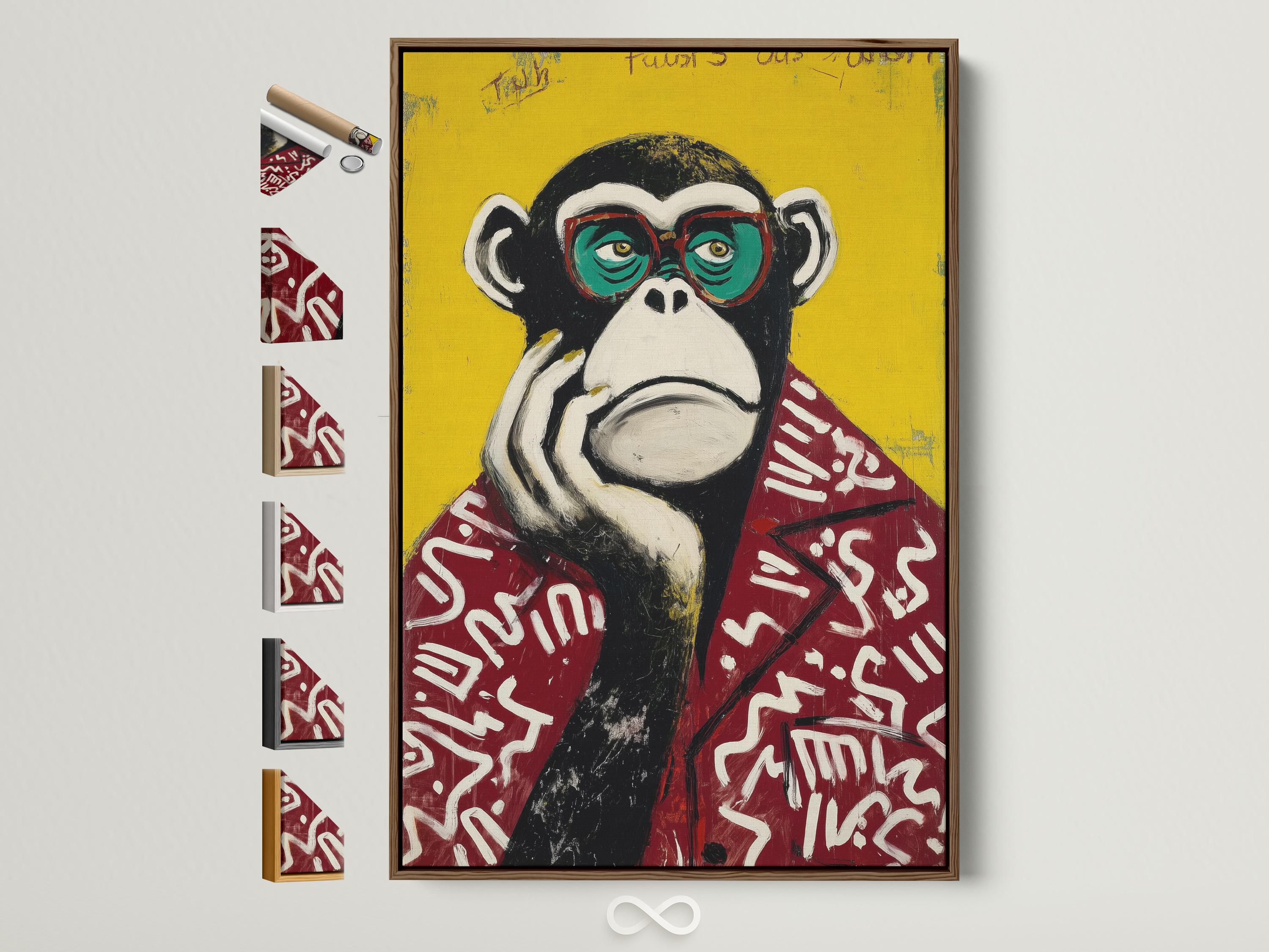 Portrait of a stylised monkey wearing oversized round glasses against a bright yellow background