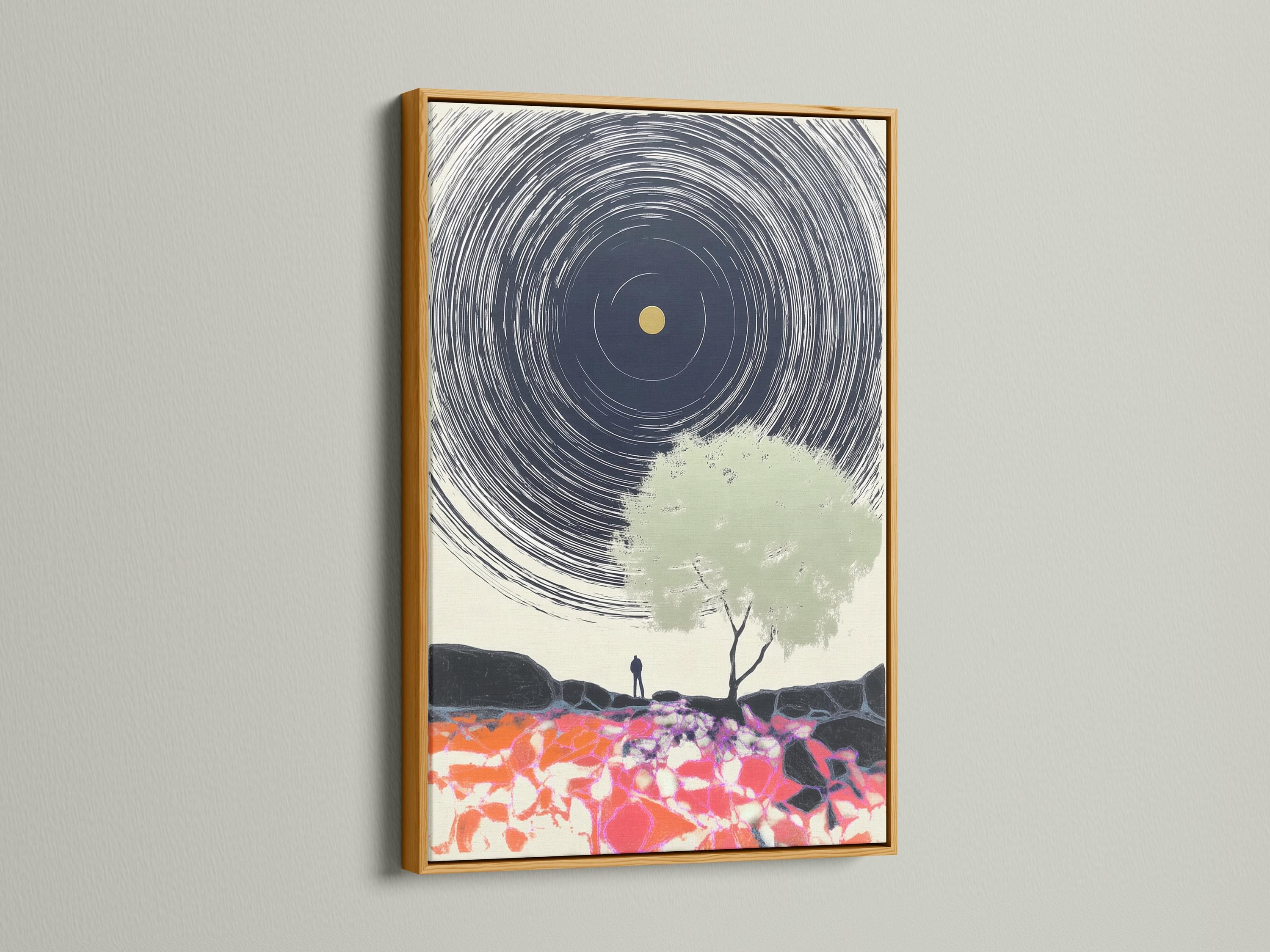 Abstract portrait artwork with navy spiral lines, a gold circle, a pale green tree silhouette, and bright fractured foreground colours detail view