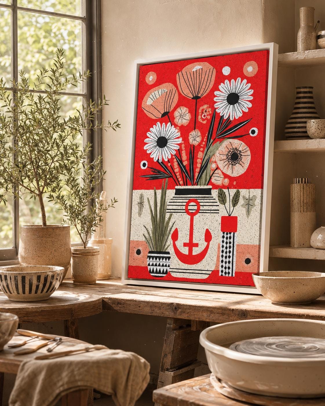 Woman looking at red anchor floral artwork in a modern room