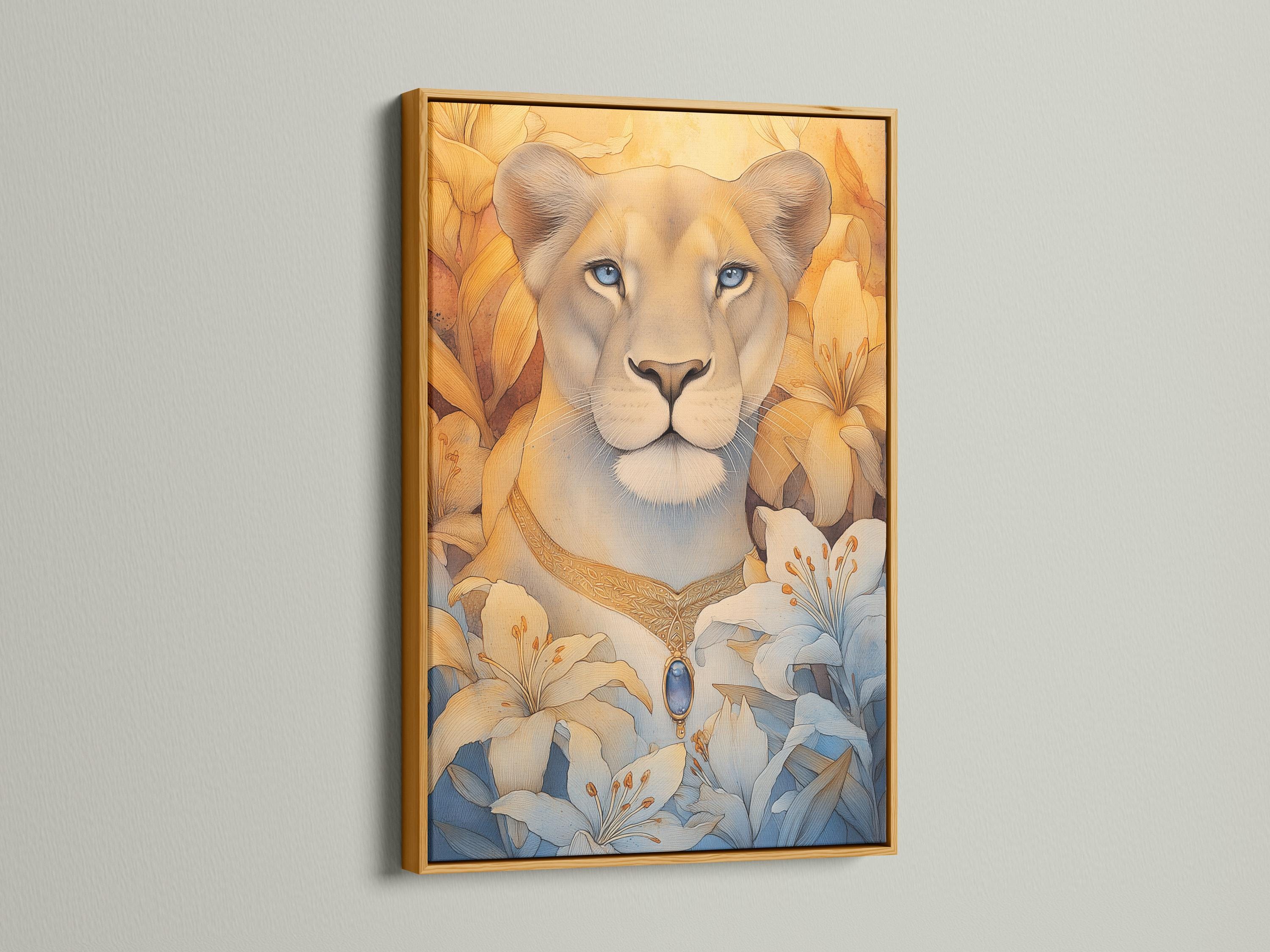 Blue-eyed lioness portrait with pale blue lily flowers and warm gold foliage background detail view