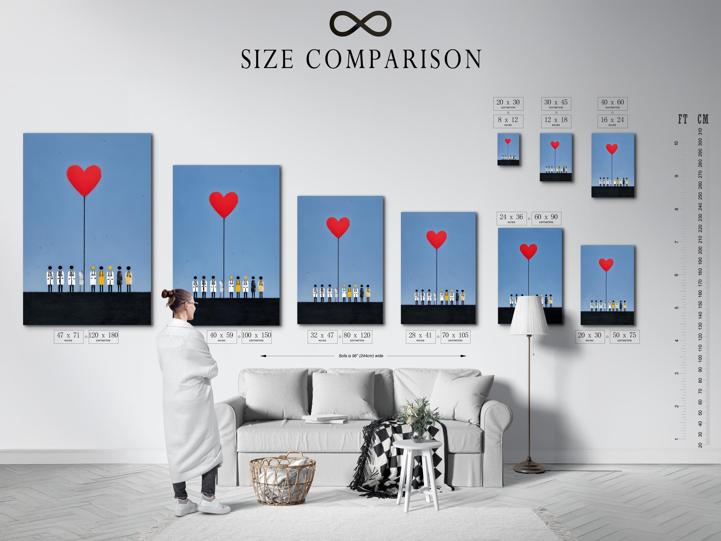 Red heart balloon above stylised healthcare workers in white coats on a light-blue textured background detail view