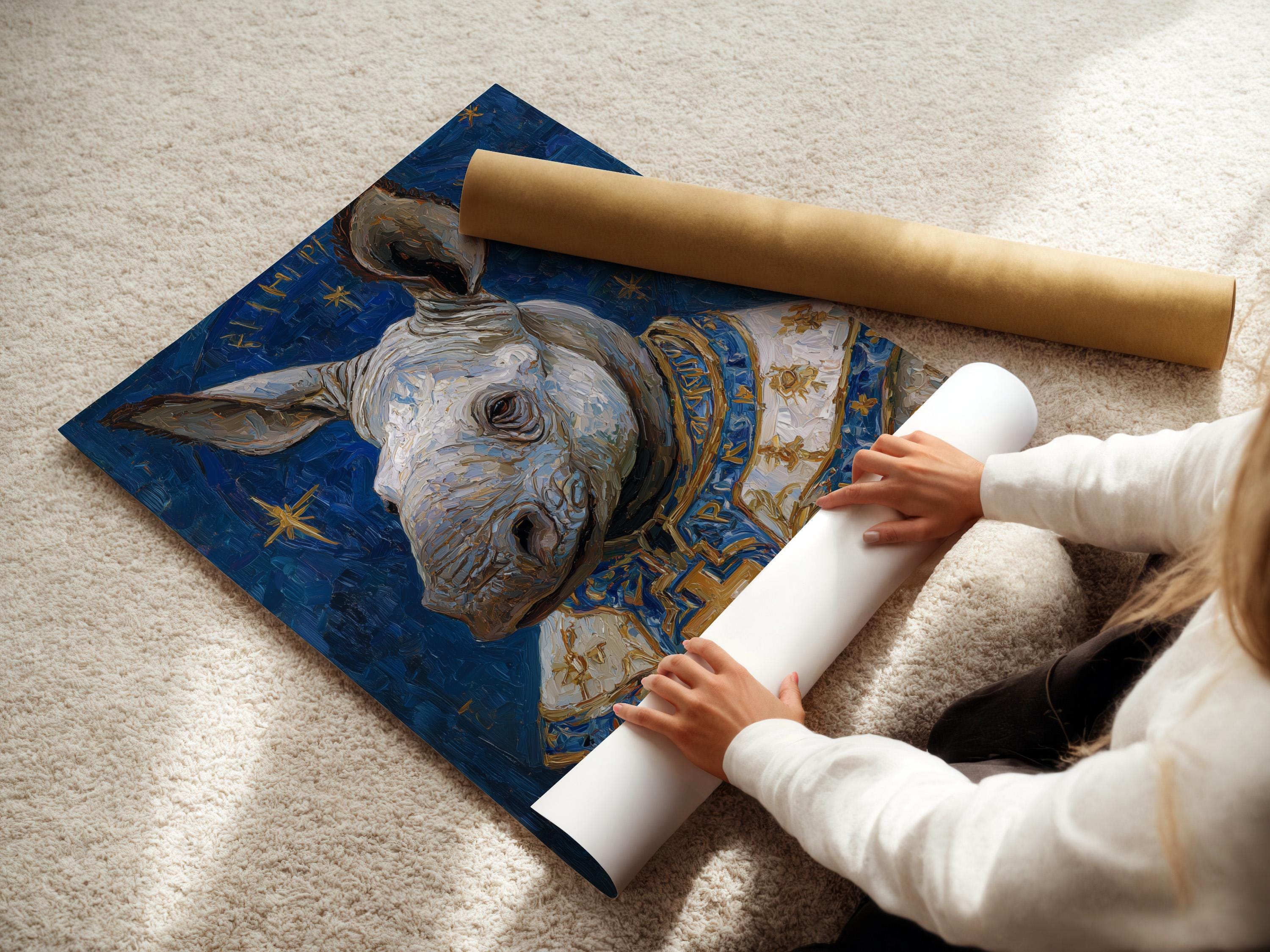 Painted rhino portrait on a deep blue background with gold cross and star-like accents detail view