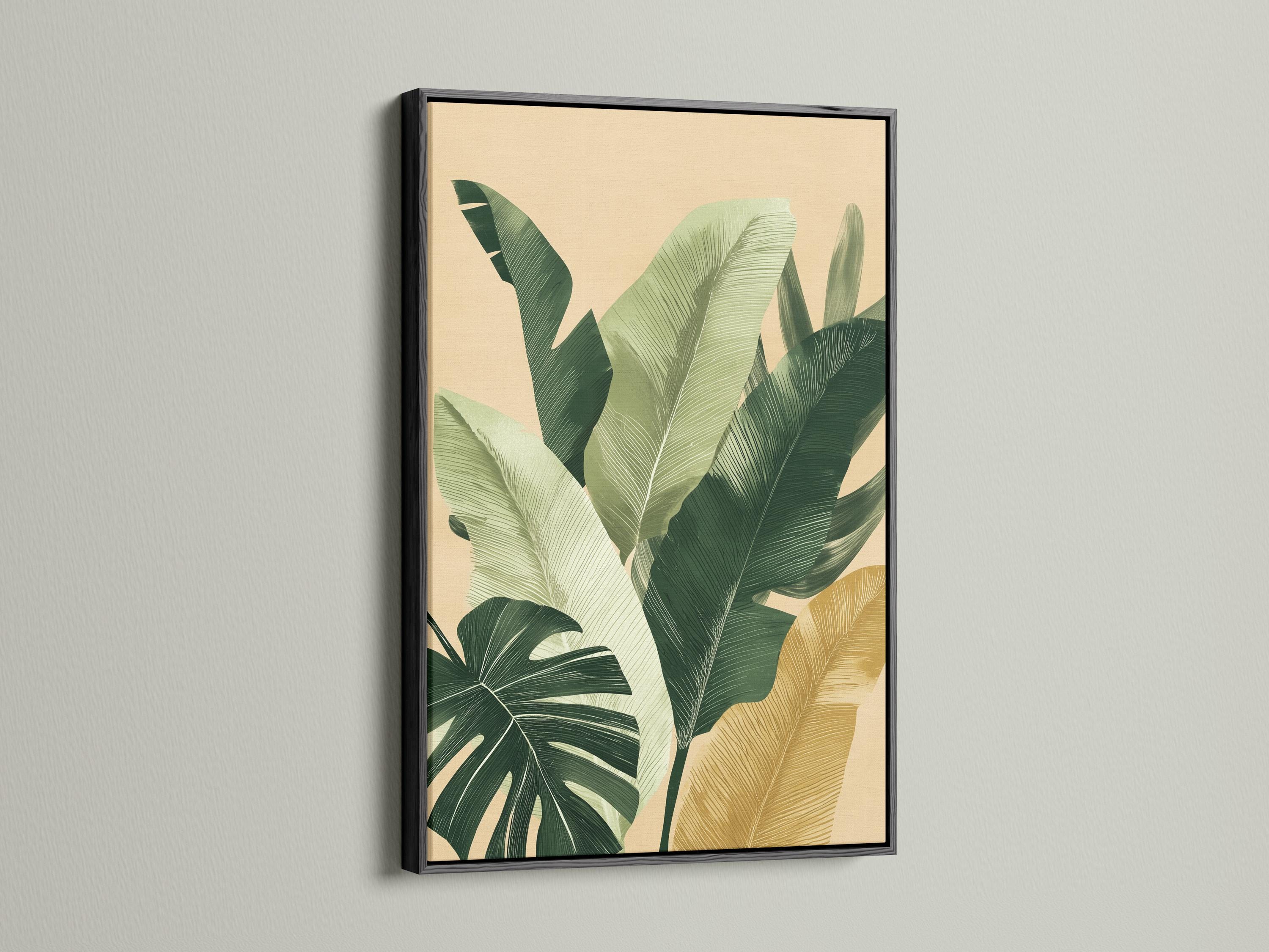Botanical leaf artwork shown on a framed wall display with additional product views around it