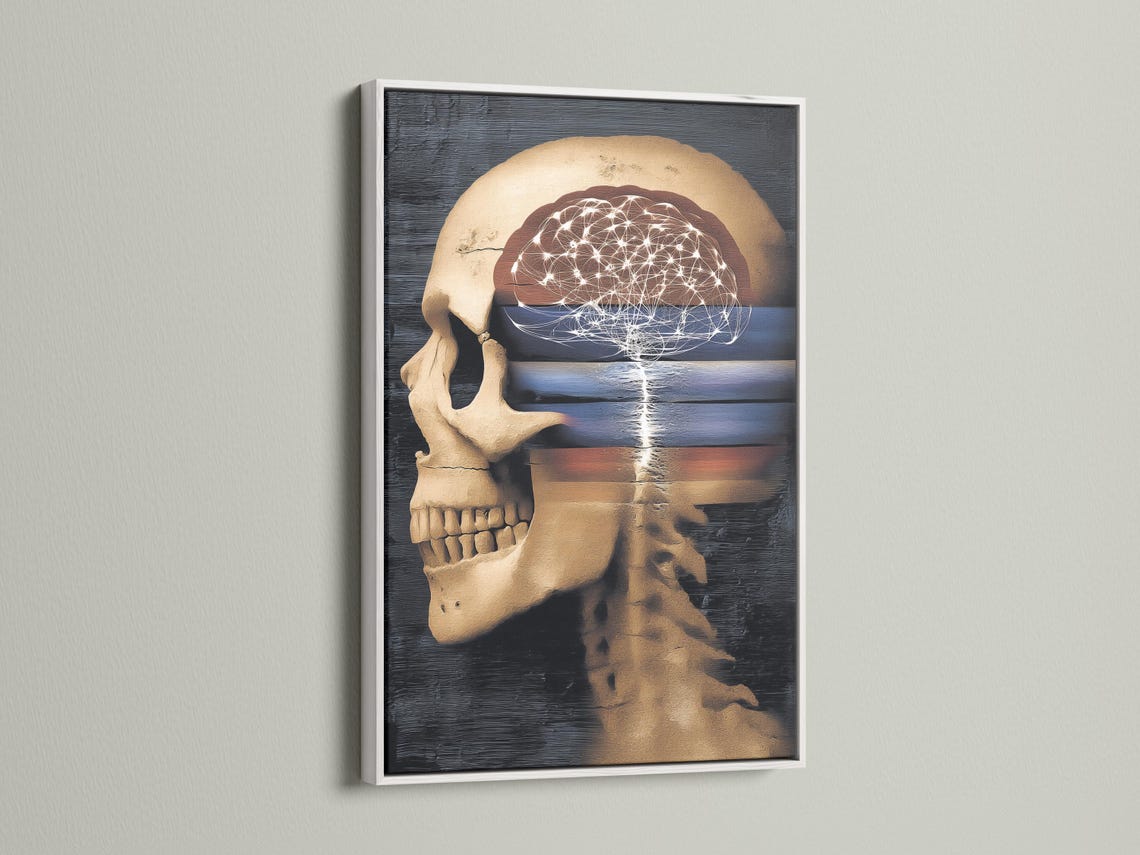 Wall mockup showing anatomical skull artwork with glowing neural lines