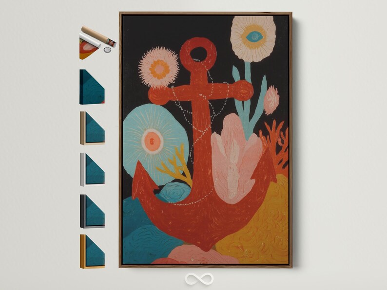 A stylised nautical anchor motif is set over dark background clouds, with coral, teal, pink, and gold tones and layered flower-like bursts around the