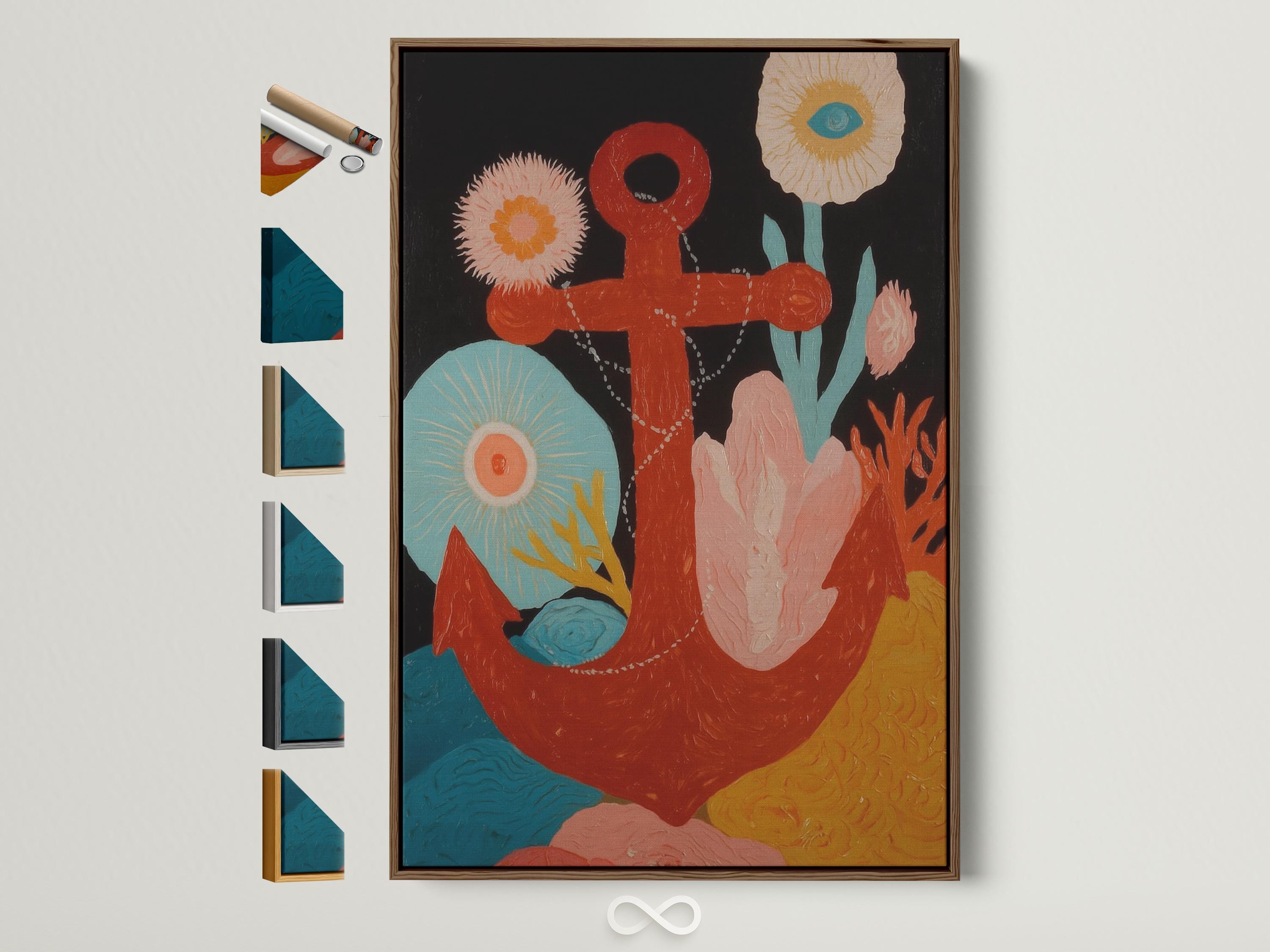 A stylised nautical anchor motif is set over dark background clouds, with coral, teal, pink, and gold tones and layered flower-like bursts around the