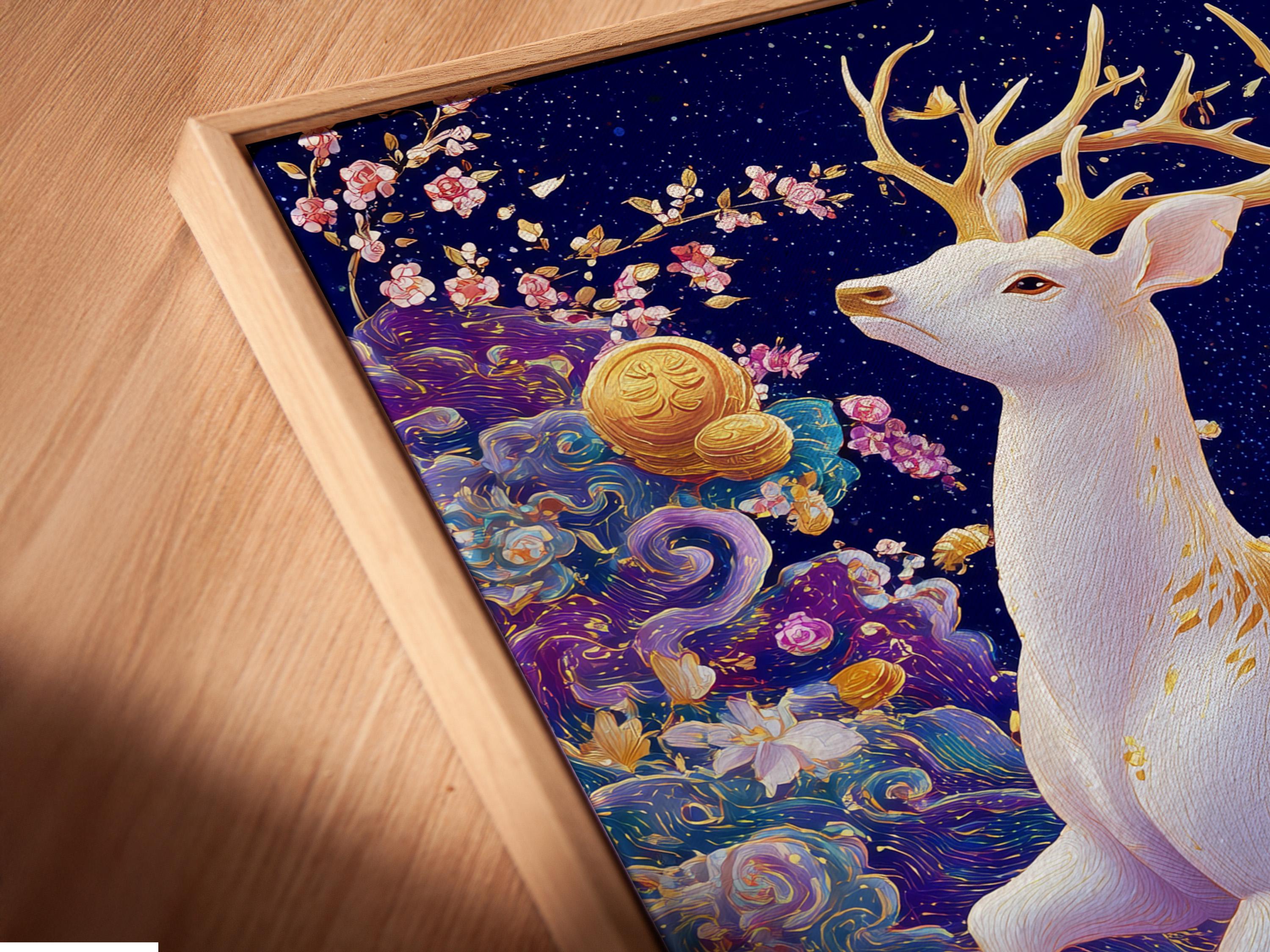 White deer with branching antlers in a navy and purple fantasy scene with lotus flowers and gold coins detail view