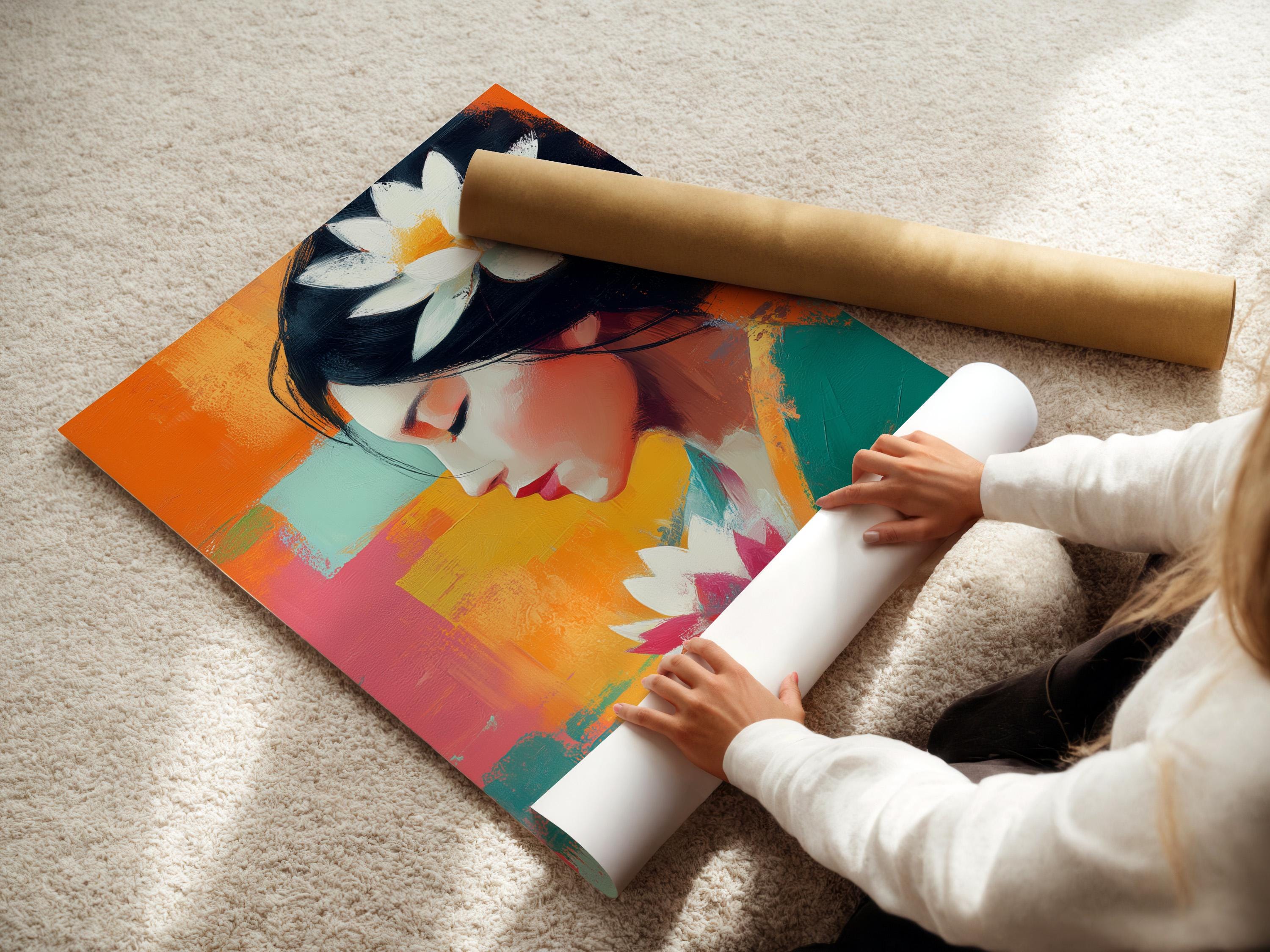 An abstract portrait of a woman in side profile appears alongside large lotus flowers, set against bright patchwork colours with bold painterly brush