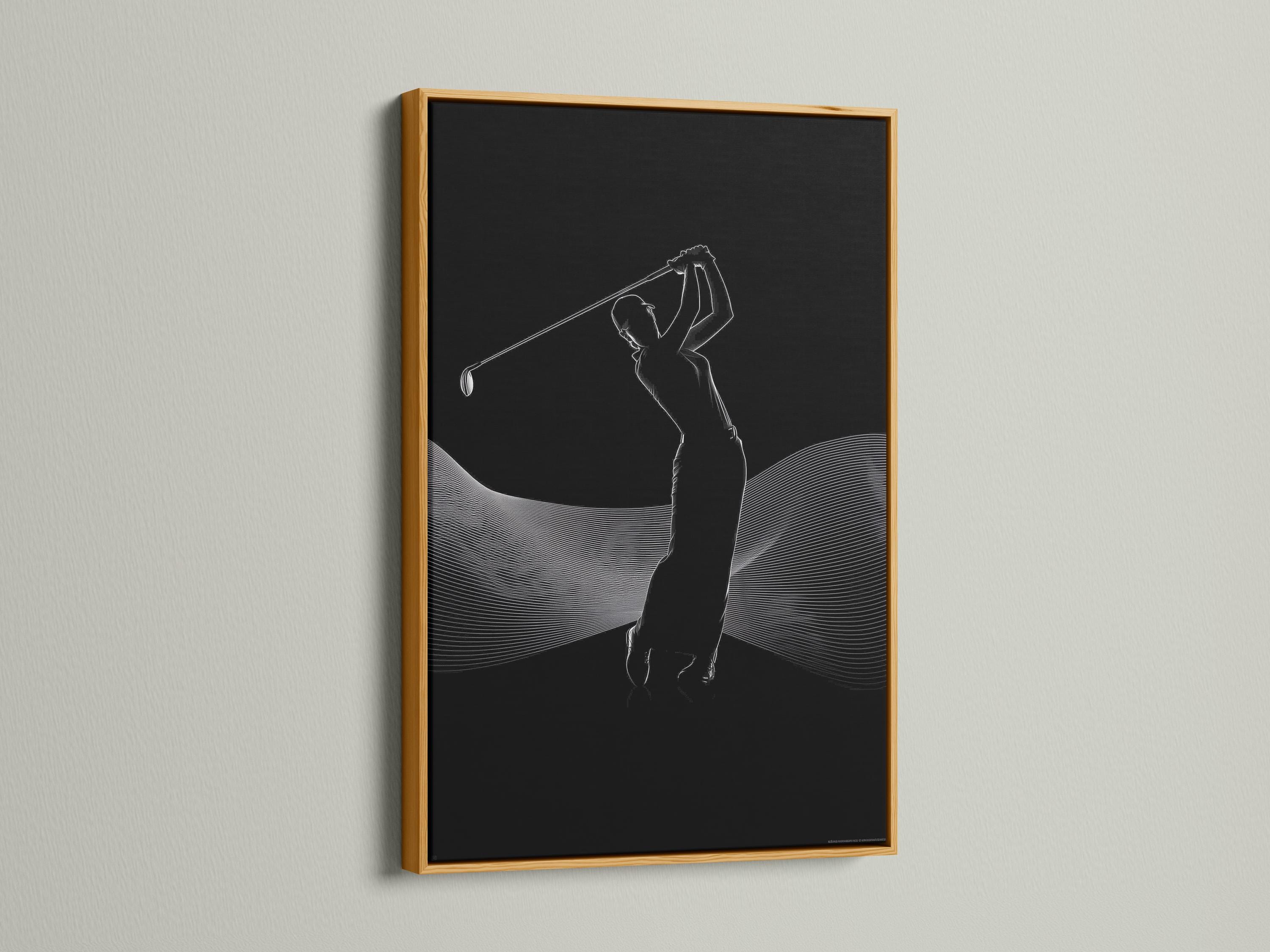 Black and white line art of a golfer silhouette mid-swing with curved contour lines detail view