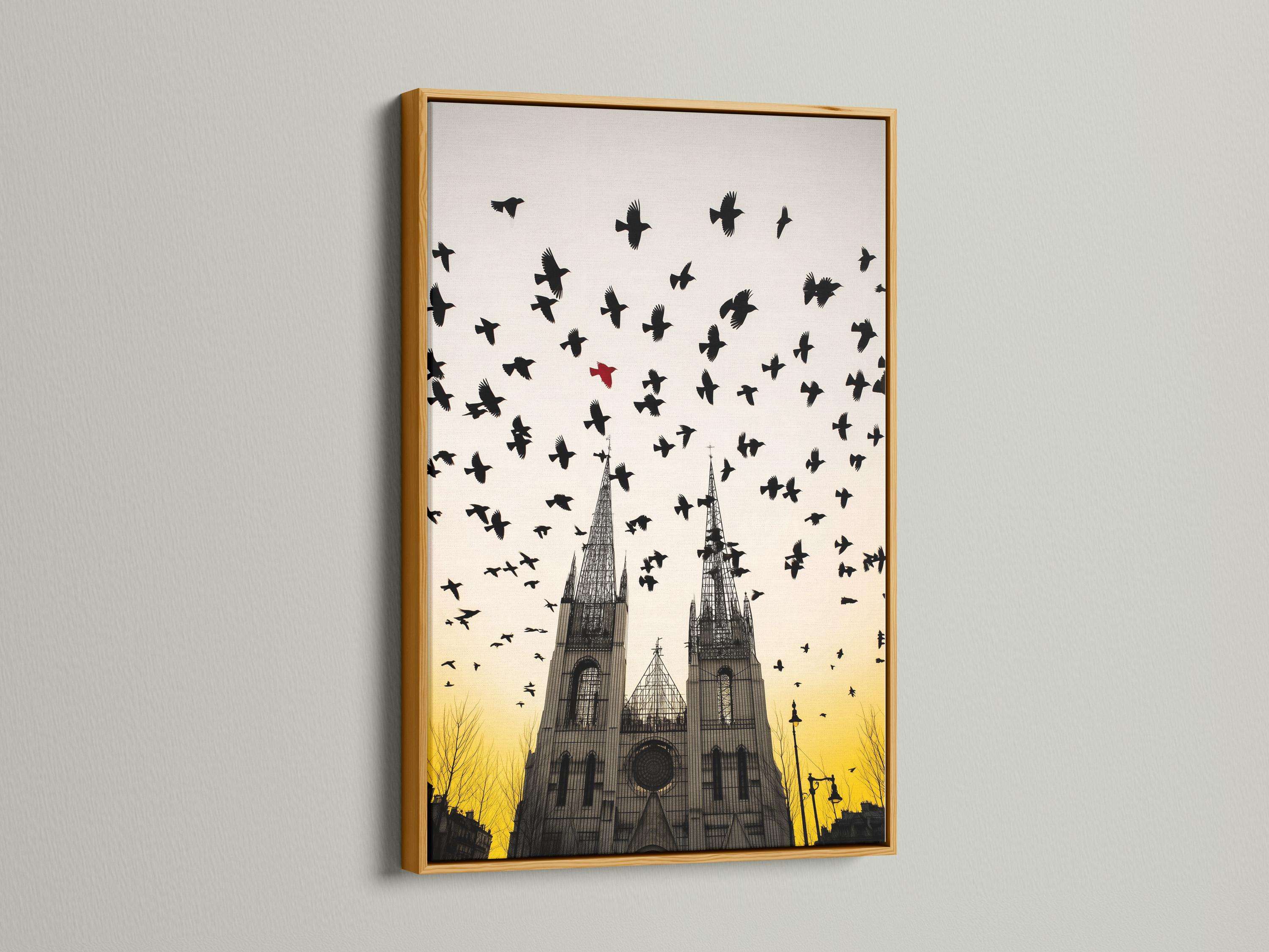 Gothic cathedral with silhouetted birds in flight above a warm ochre sunset sky detail view