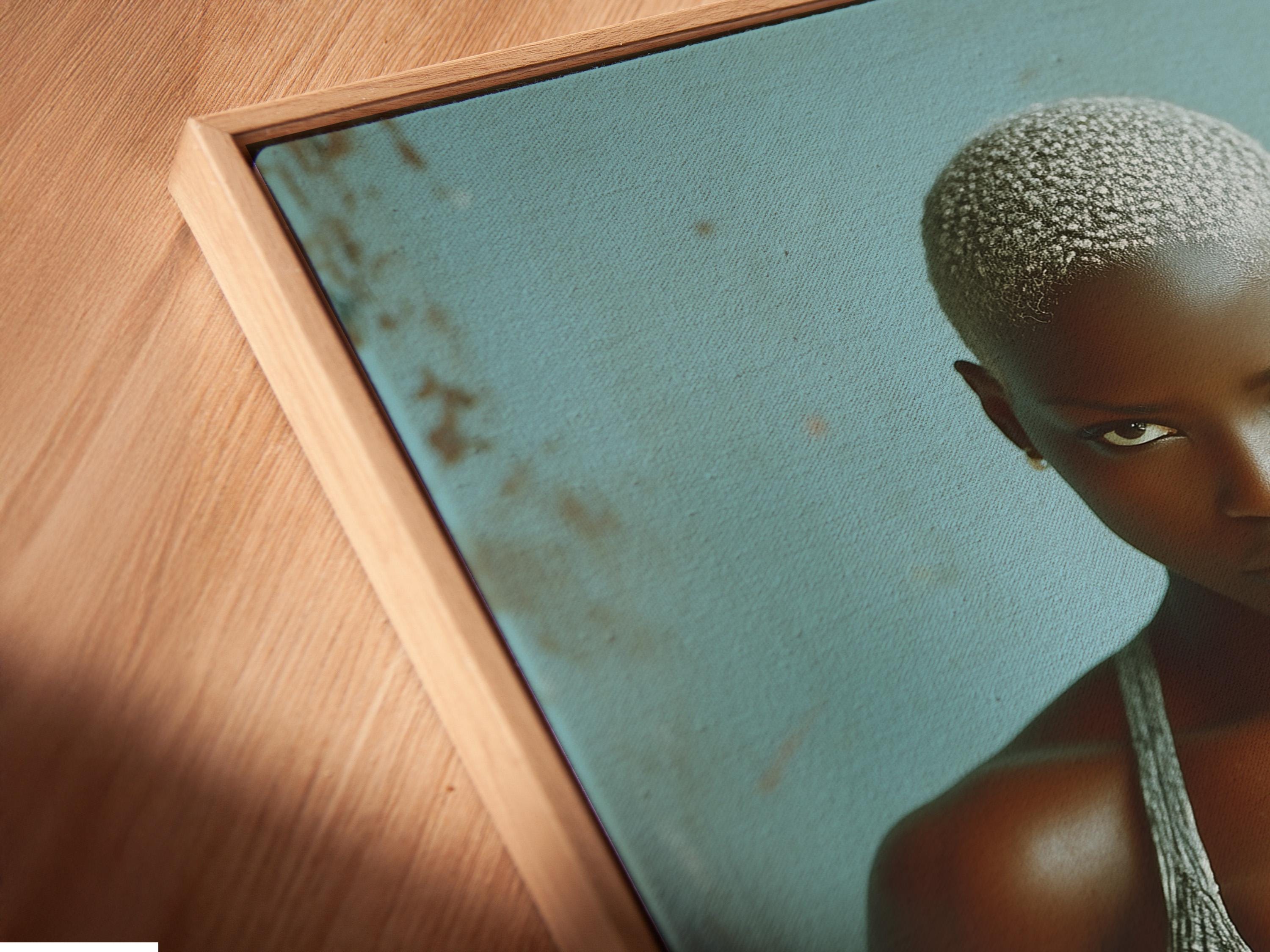 Room mockup showing a framed teal fitness portrait of an athletic woman holding weight plates