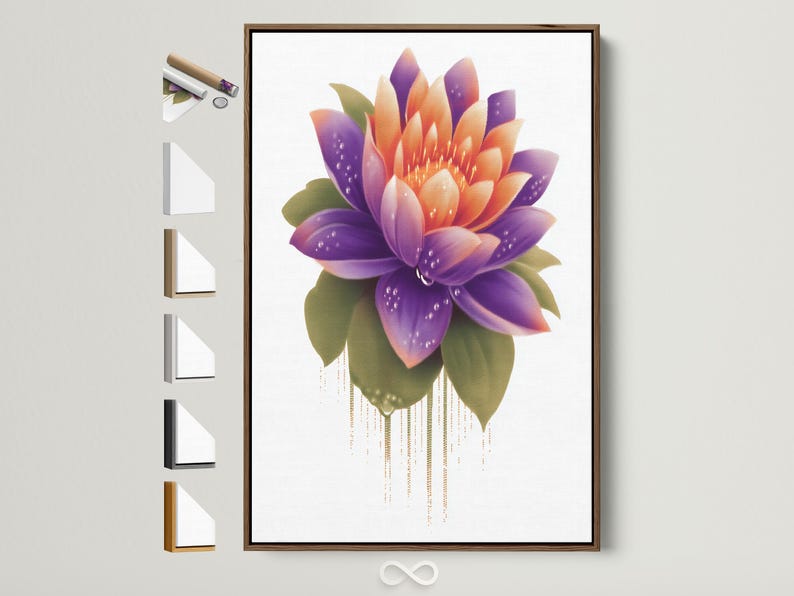 Lotus flower artwork with purple and orange petals and green leaves on a white background