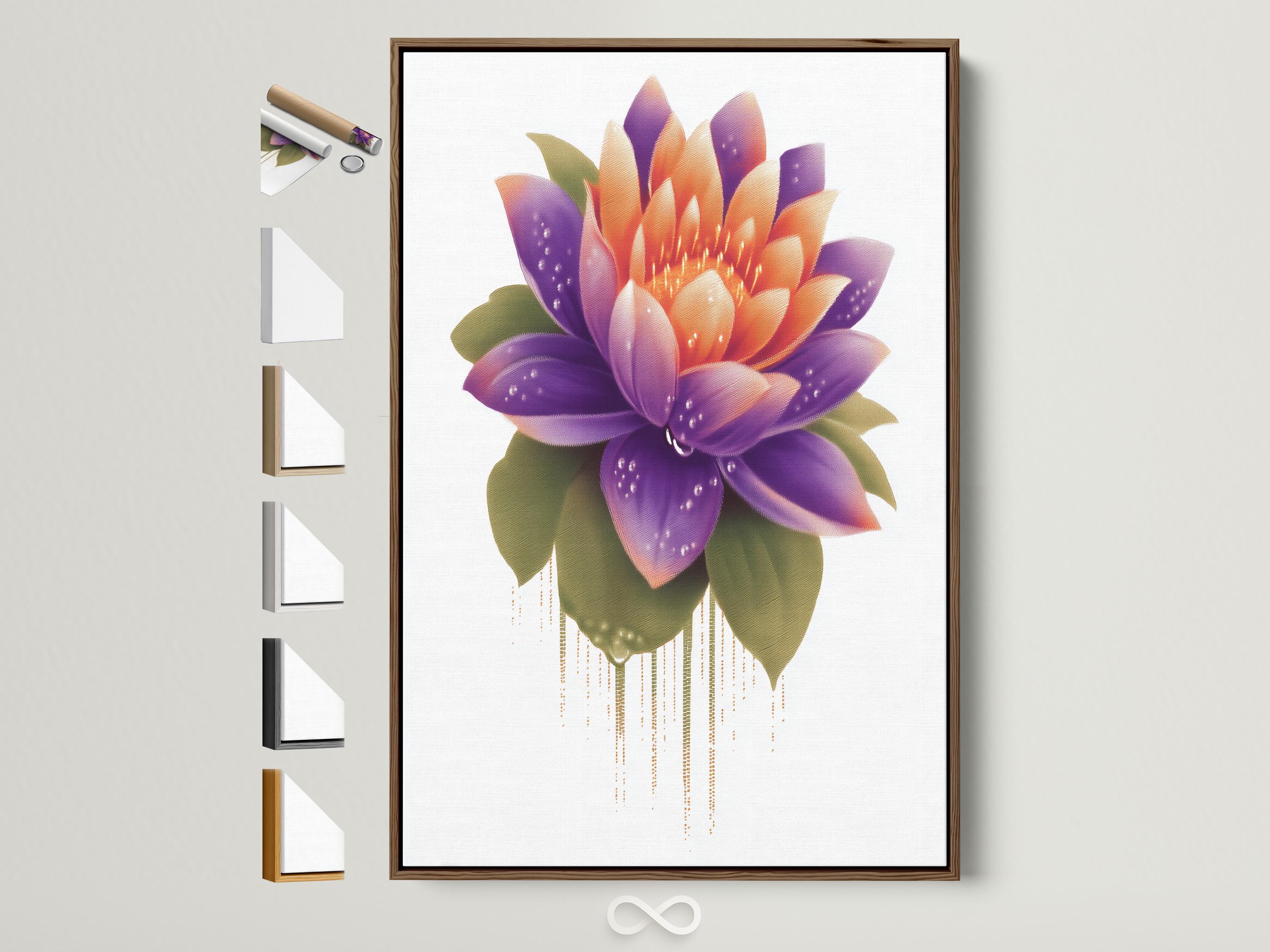 Lotus flower artwork with purple and orange petals and green leaves on a white background