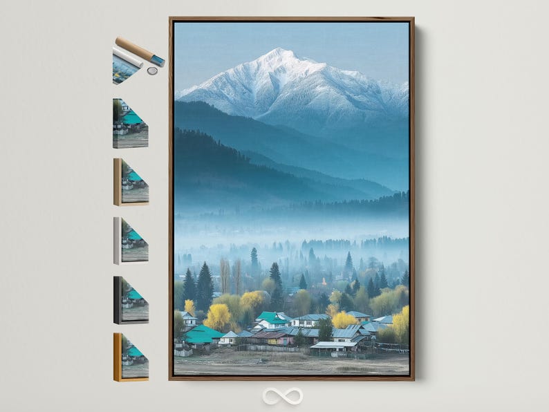 Misty snowy mountain landscape with evergreen trees and a village in teal and blue tones
