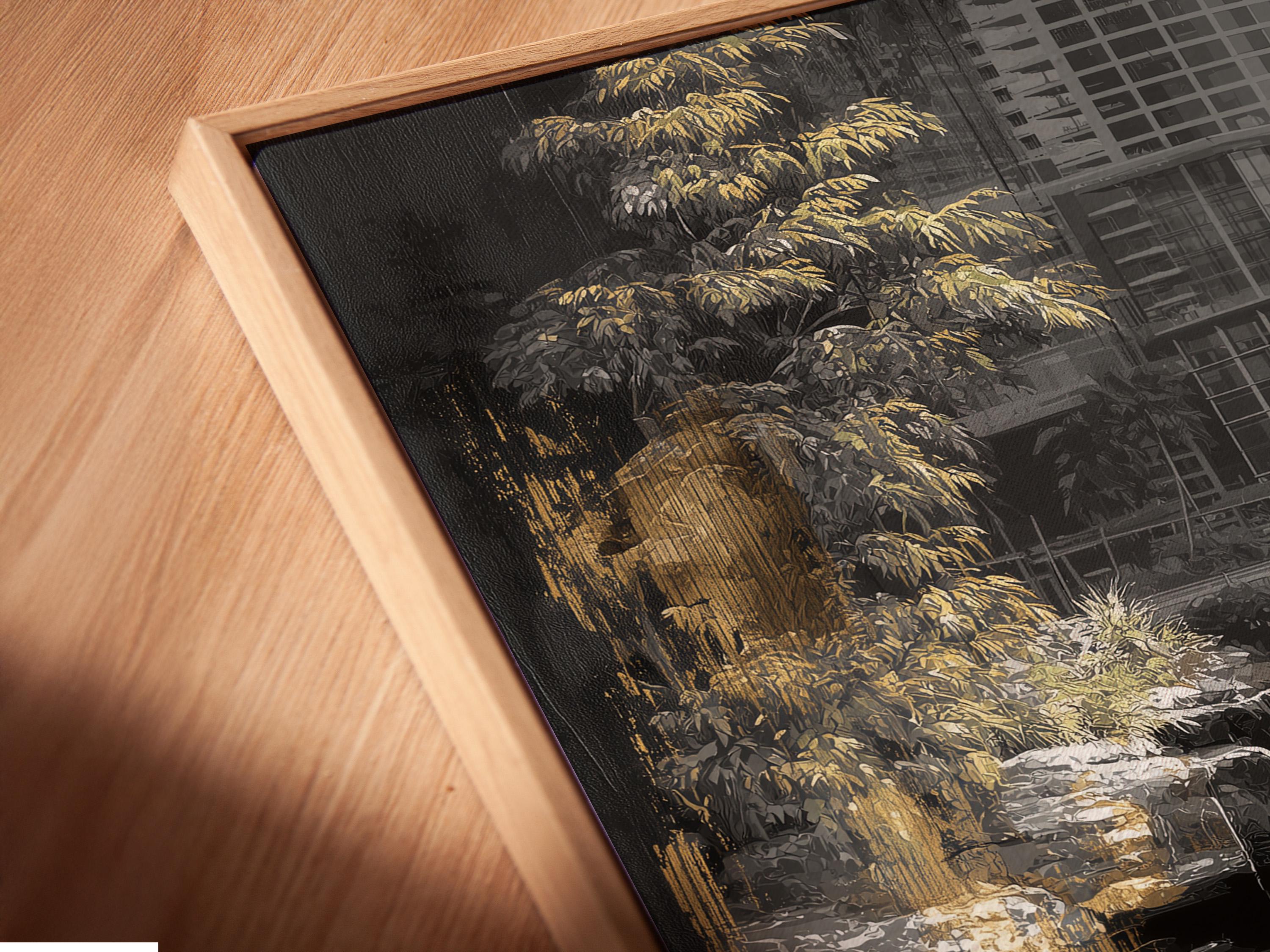 Black and gold waterfall artwork with a cityscape and trees, featuring reflective water below detail view