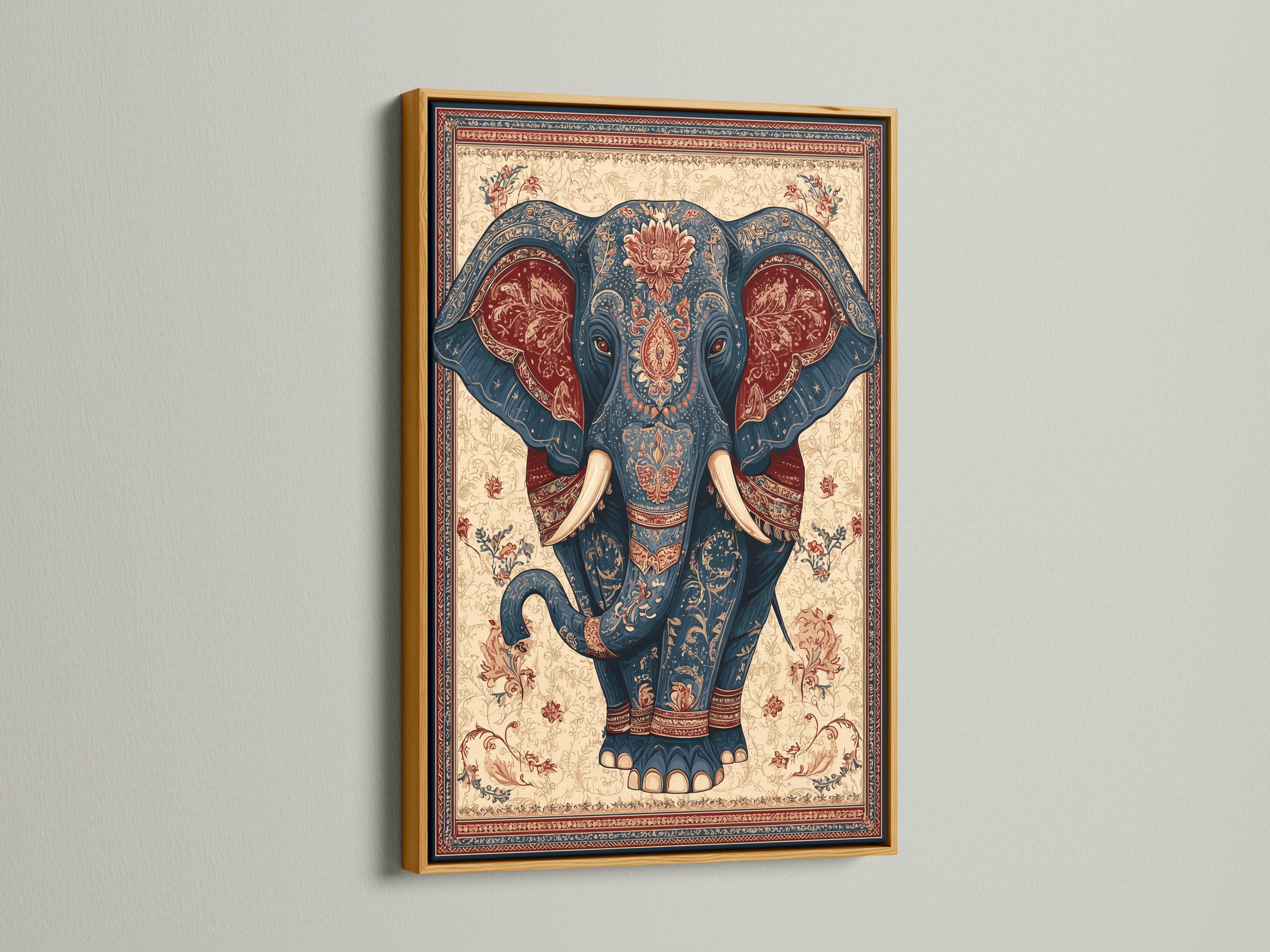 Elephant portrait illustration in deep blue with beige tusks, framed by ornate floral border patterns detail view