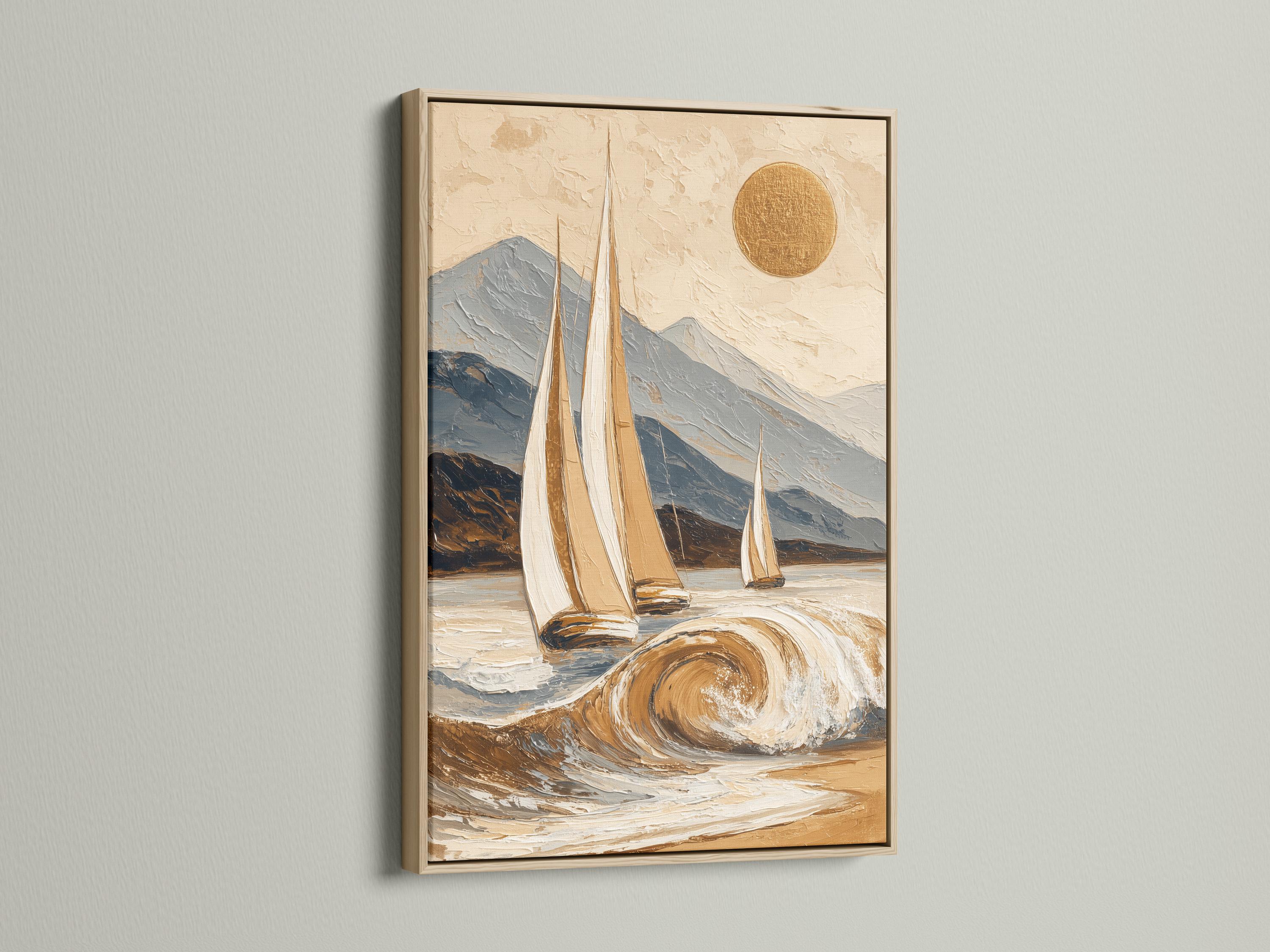 Painterly sailboat seascape with swirling waves, mountains and a gold sun detail view