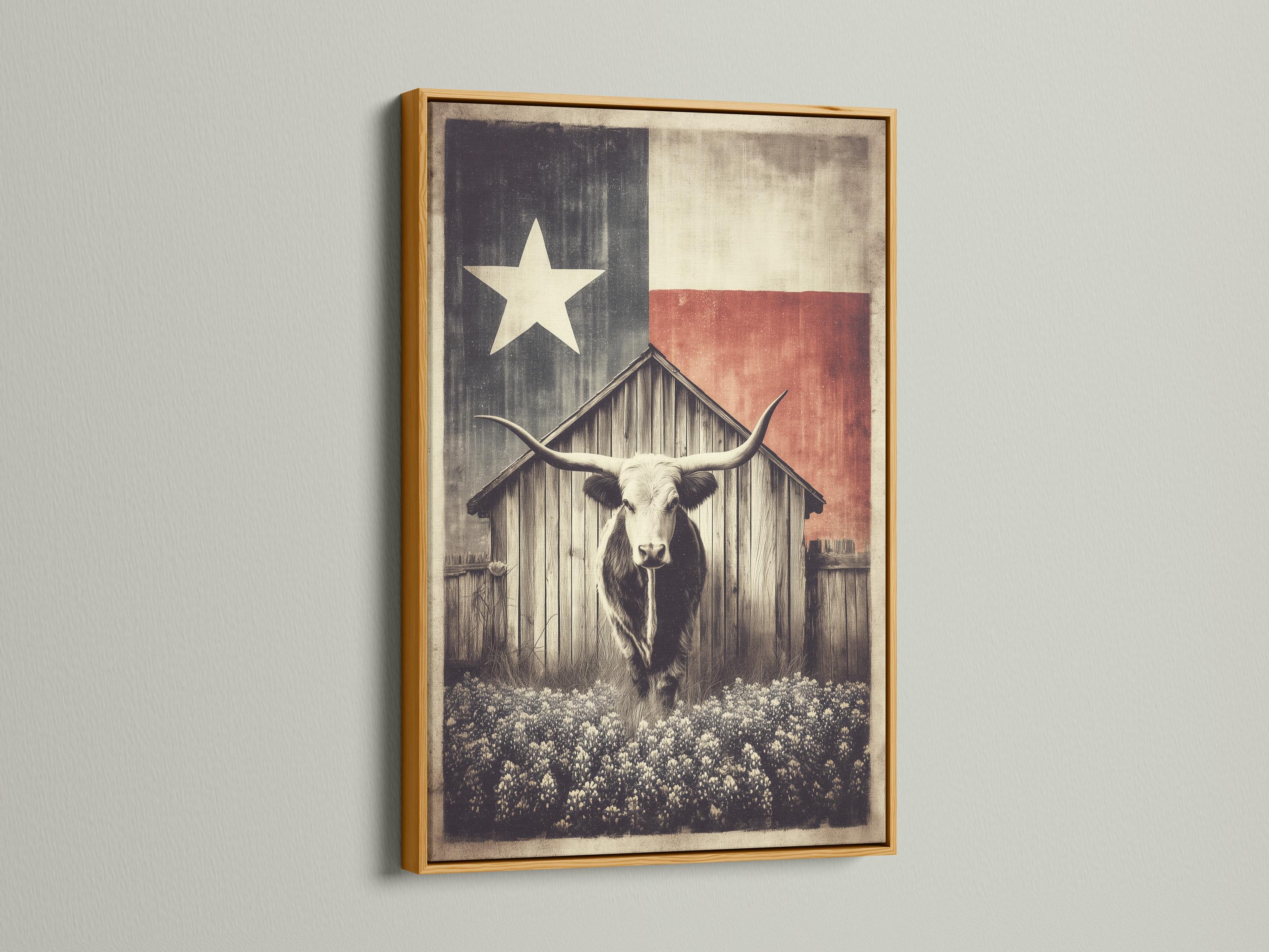 Longhorn steer illustration beneath a barn silhouette and a five-point star on a distressed sepia and charcoal background detail view