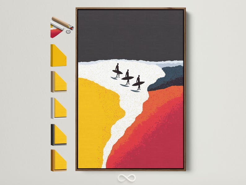 Stylised beach scene with red and yellow colour blocks, white sand and three black surfers on surfboards