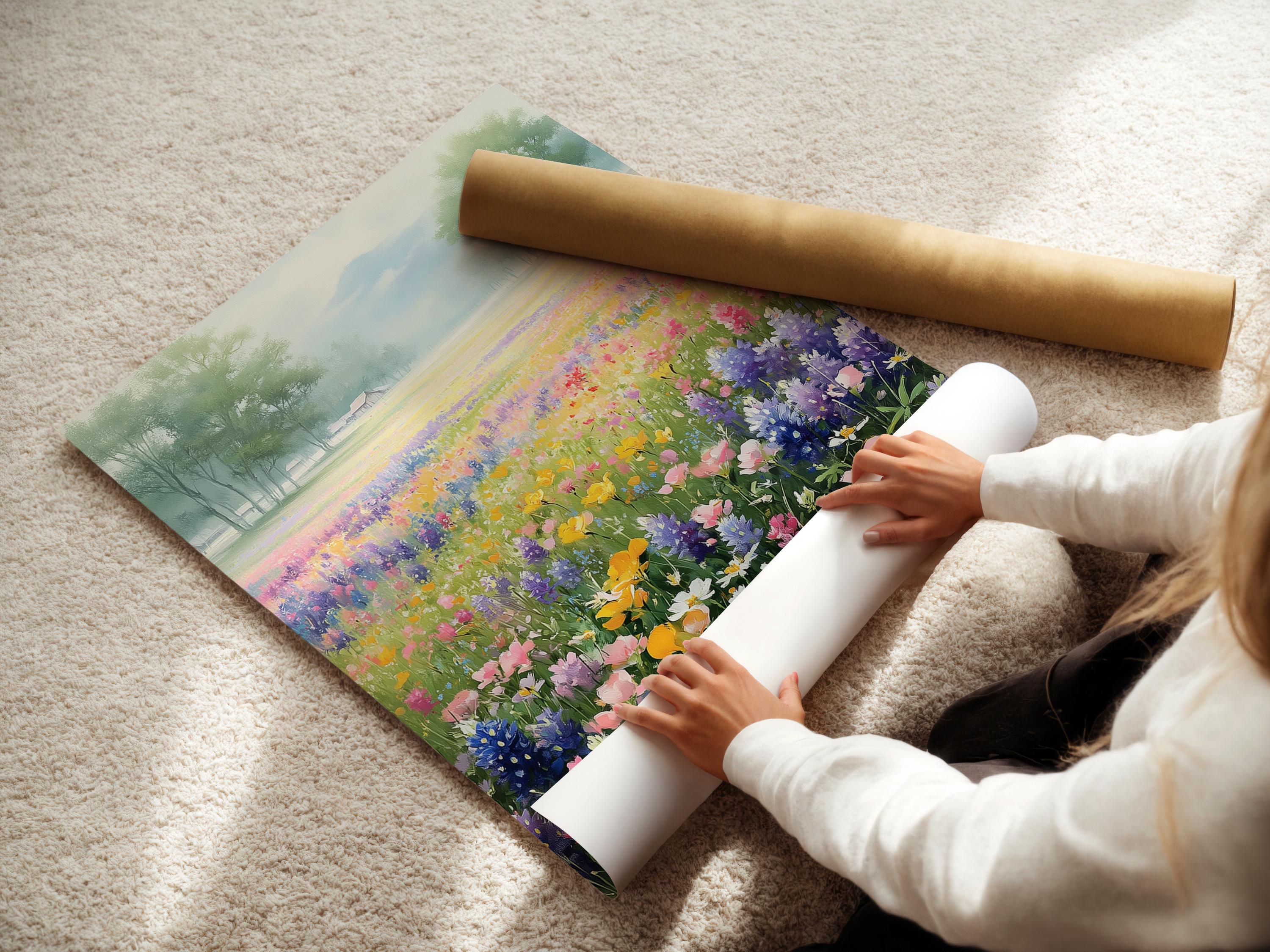 Pastel wildflower meadow with colourful flowers in the foreground and misty trees in the distance detail view