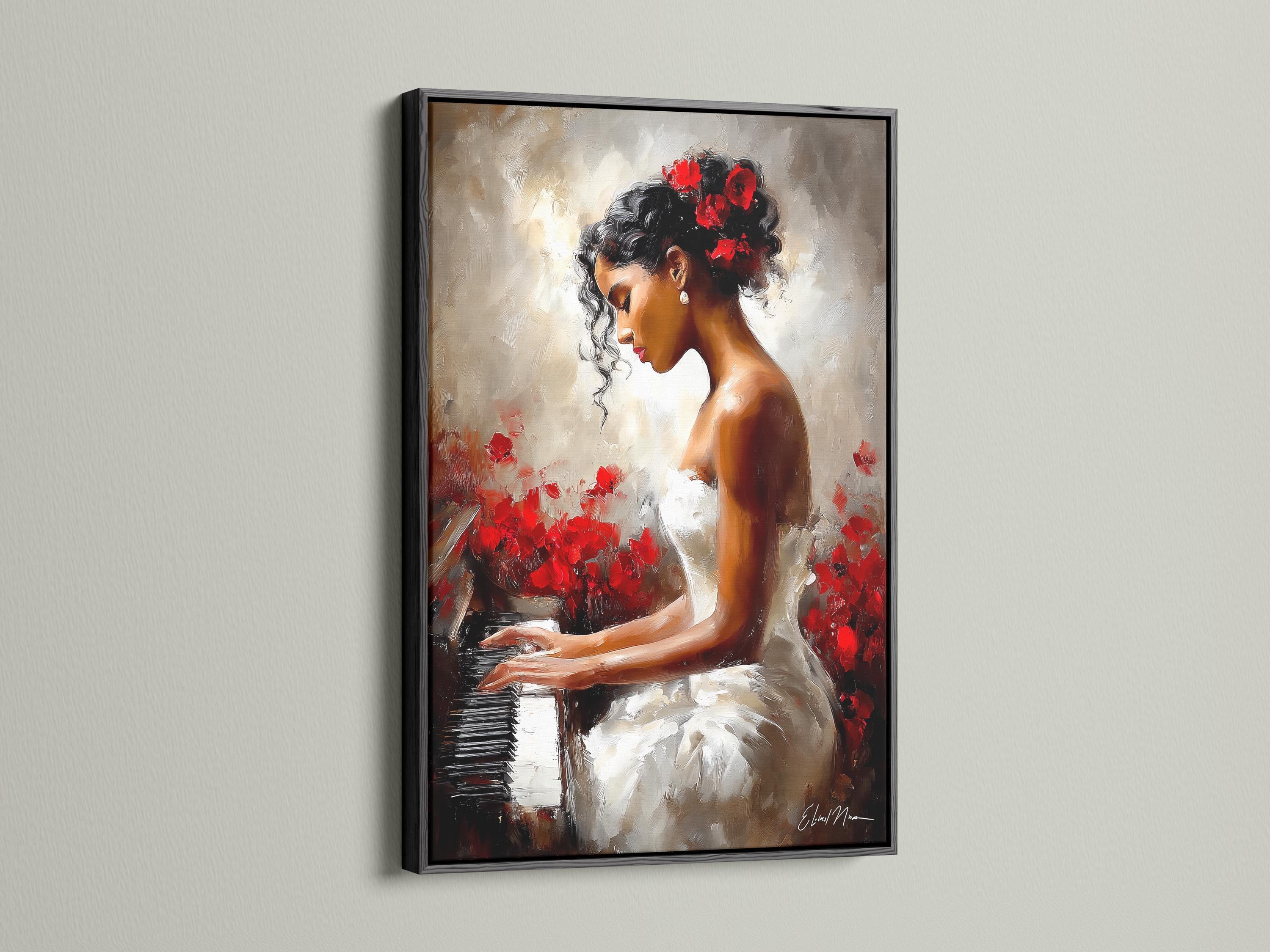 A framed artwork of a woman playing a piano with red flowers displayed in a room