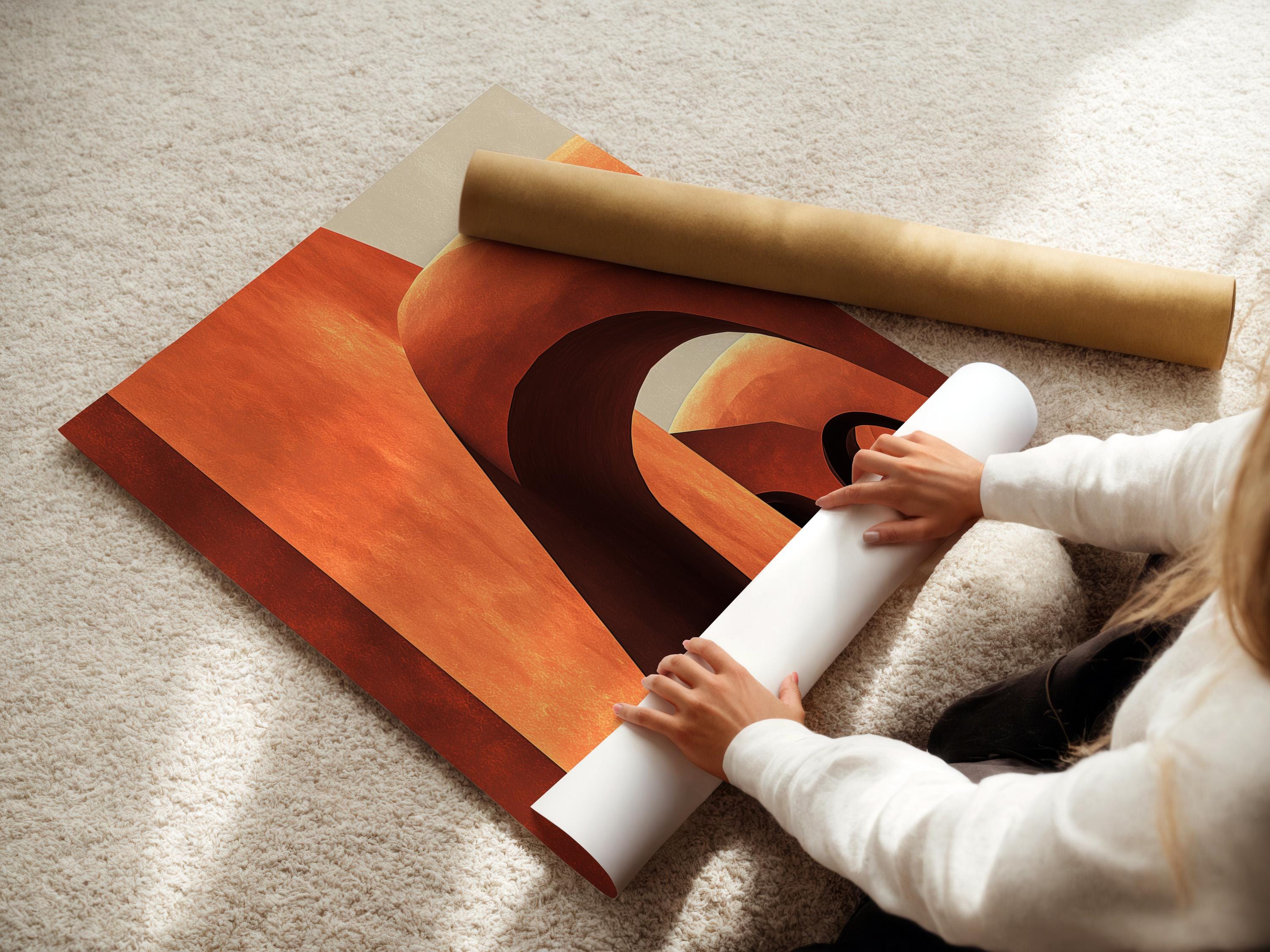 Abstract geometric archway artwork in terracotta, cream and dark outlines detail view