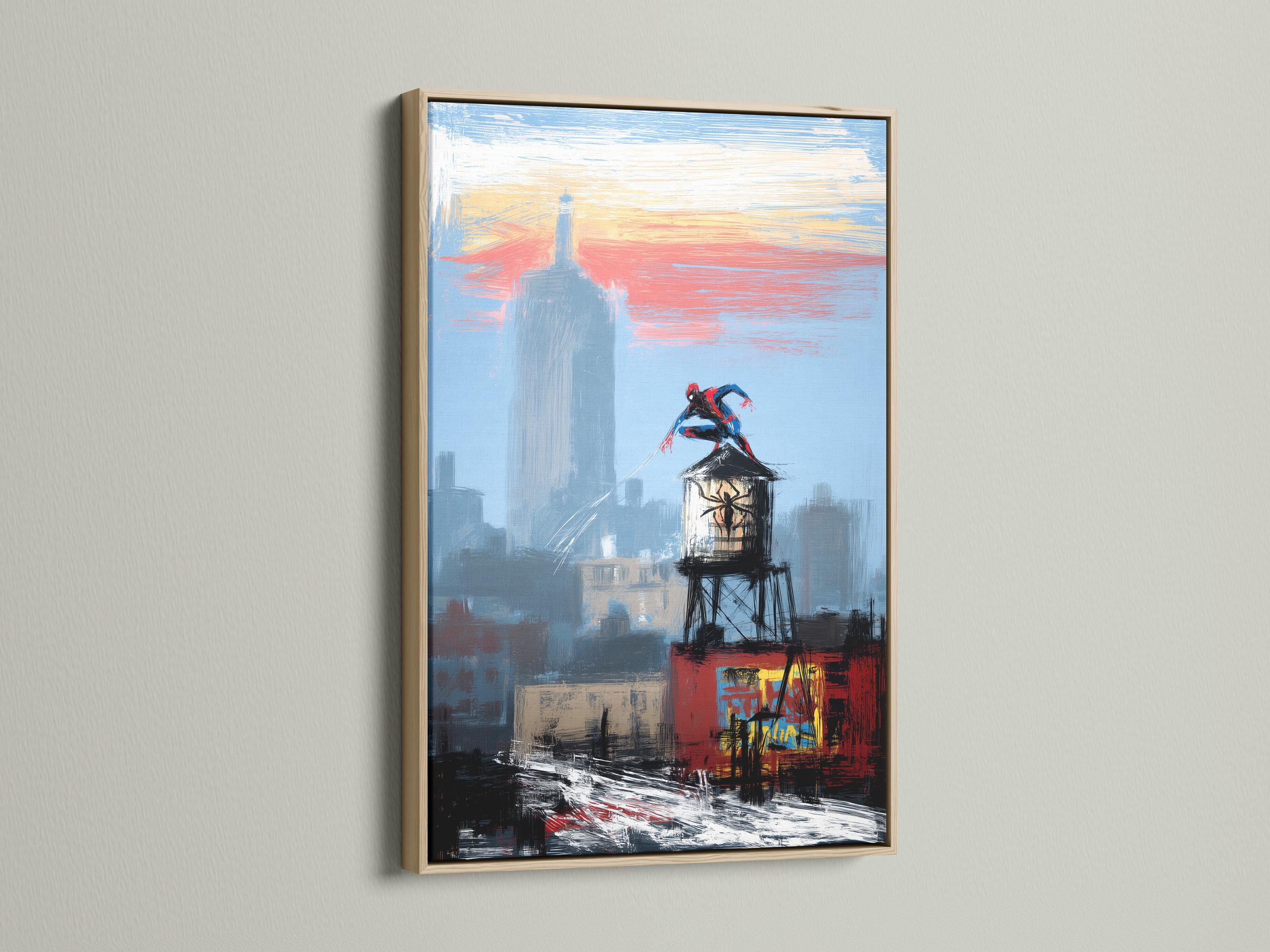 Framed blue city skyline artwork on a wall with a superhero figure and tall tower