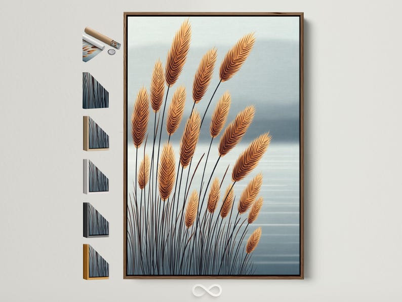 A decorative scene of tall golden wheat plumes with dark stems rises against a pale blue sky-like background with soft horizon shading