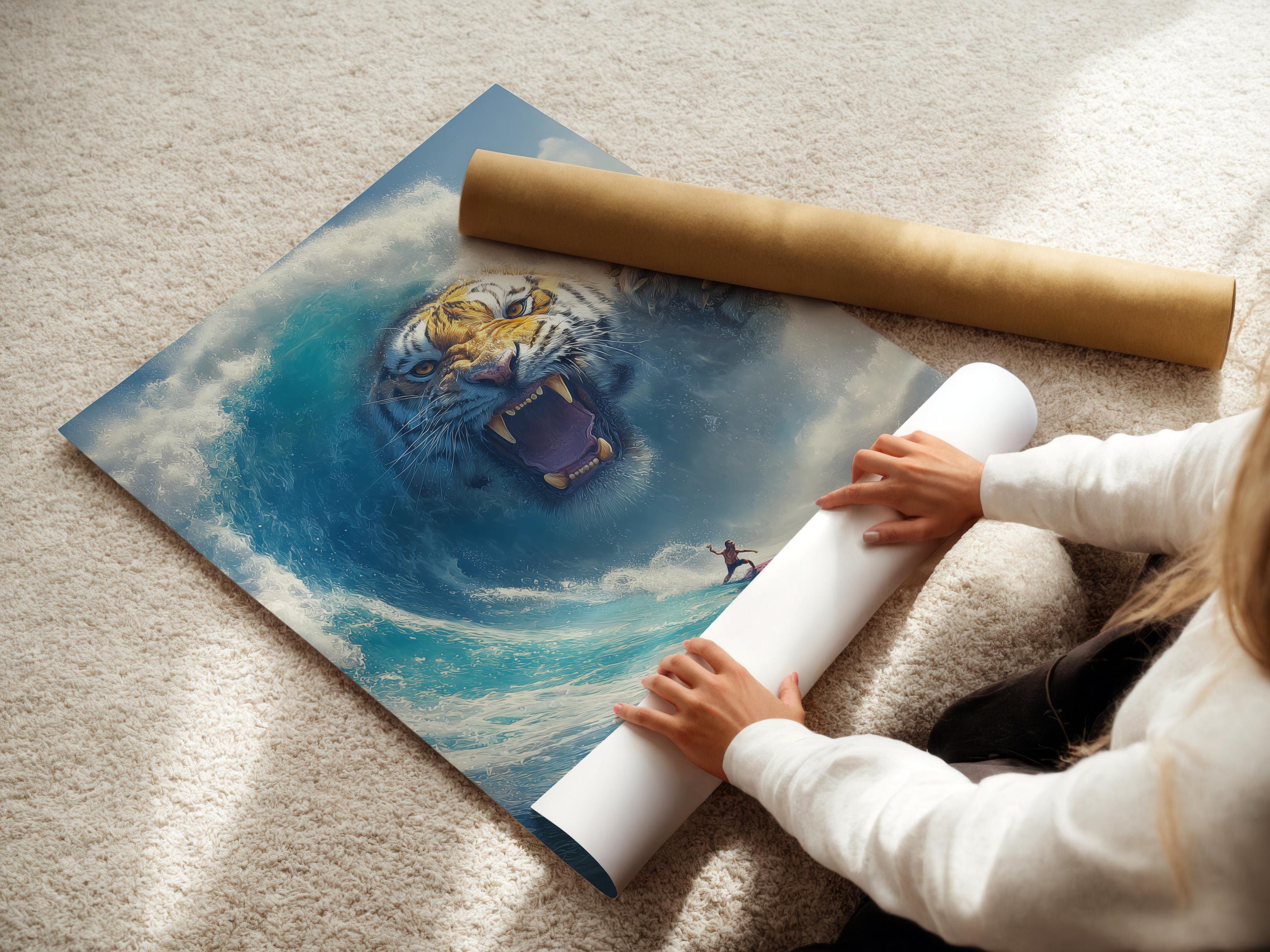 Wall mockup showing framed ocean fantasy tiger wave artwork