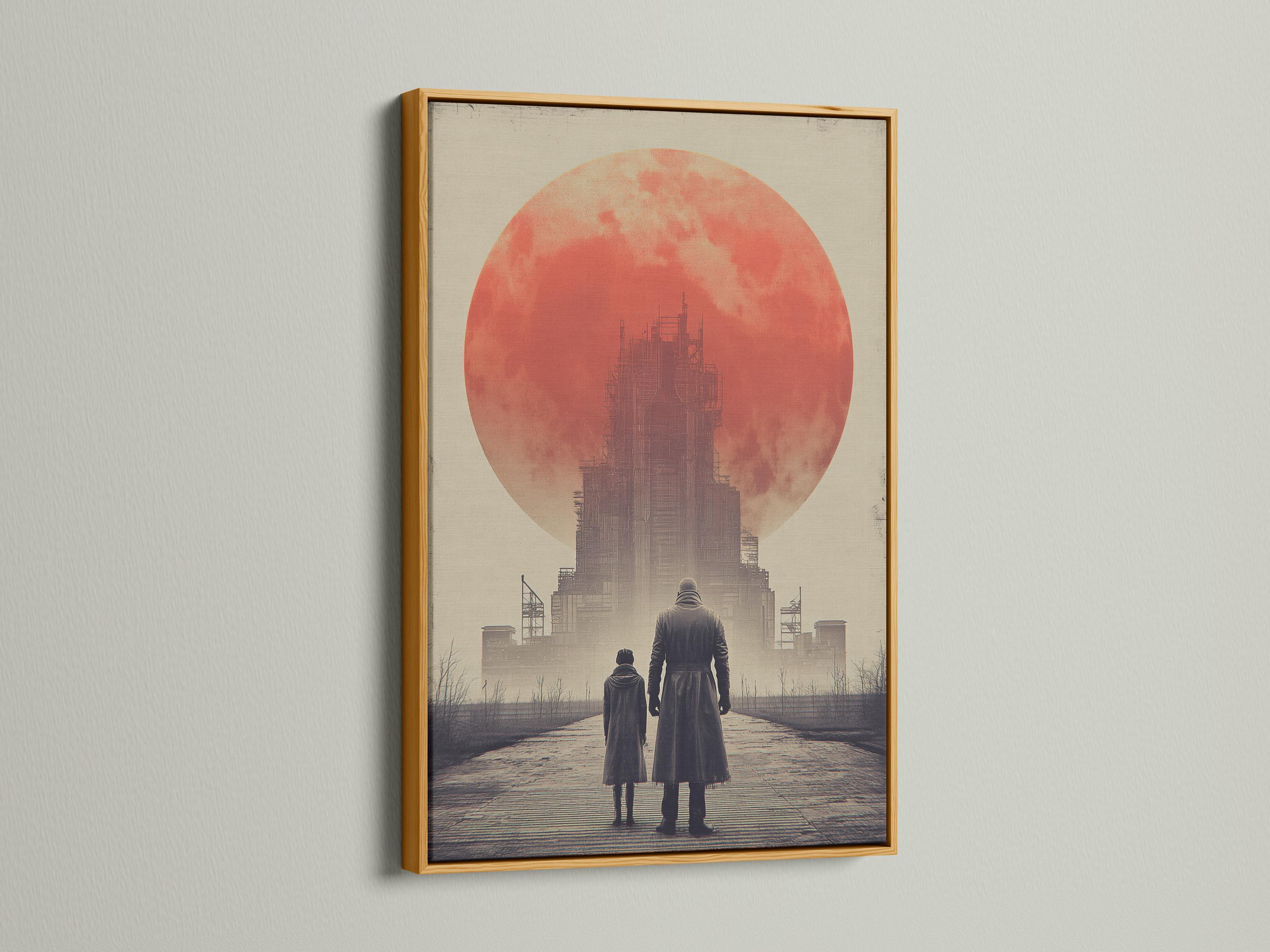Dystopian scene of two people walking toward an industrial building under a large red sun detail view