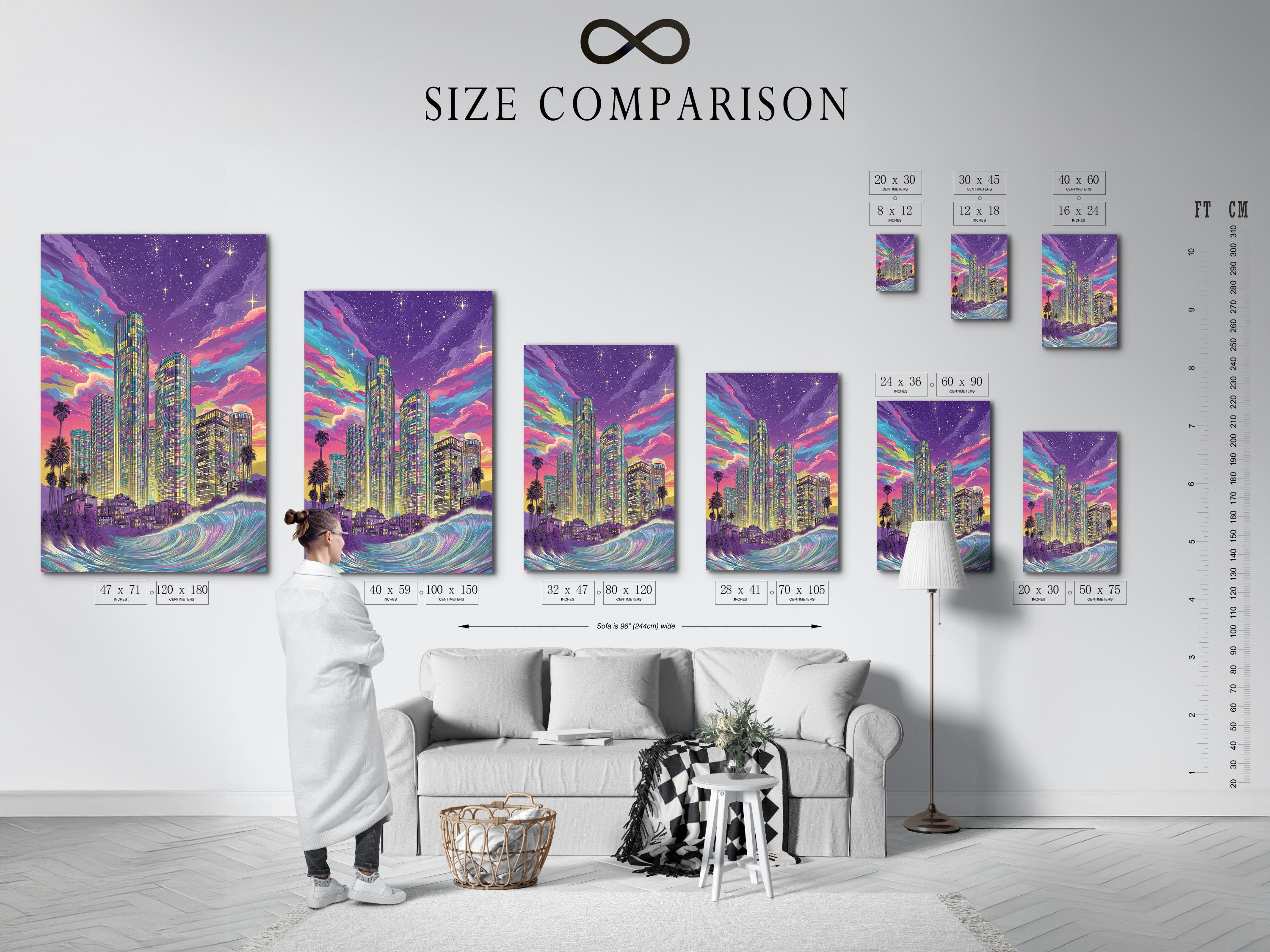 Retro neon city skyline with tall skyscrapers, ocean waves, starry purple sky and palm silhouettes detail view