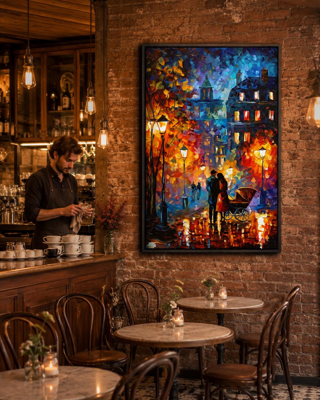 Room mockup showing a framed impressionist city street artwork on a wall