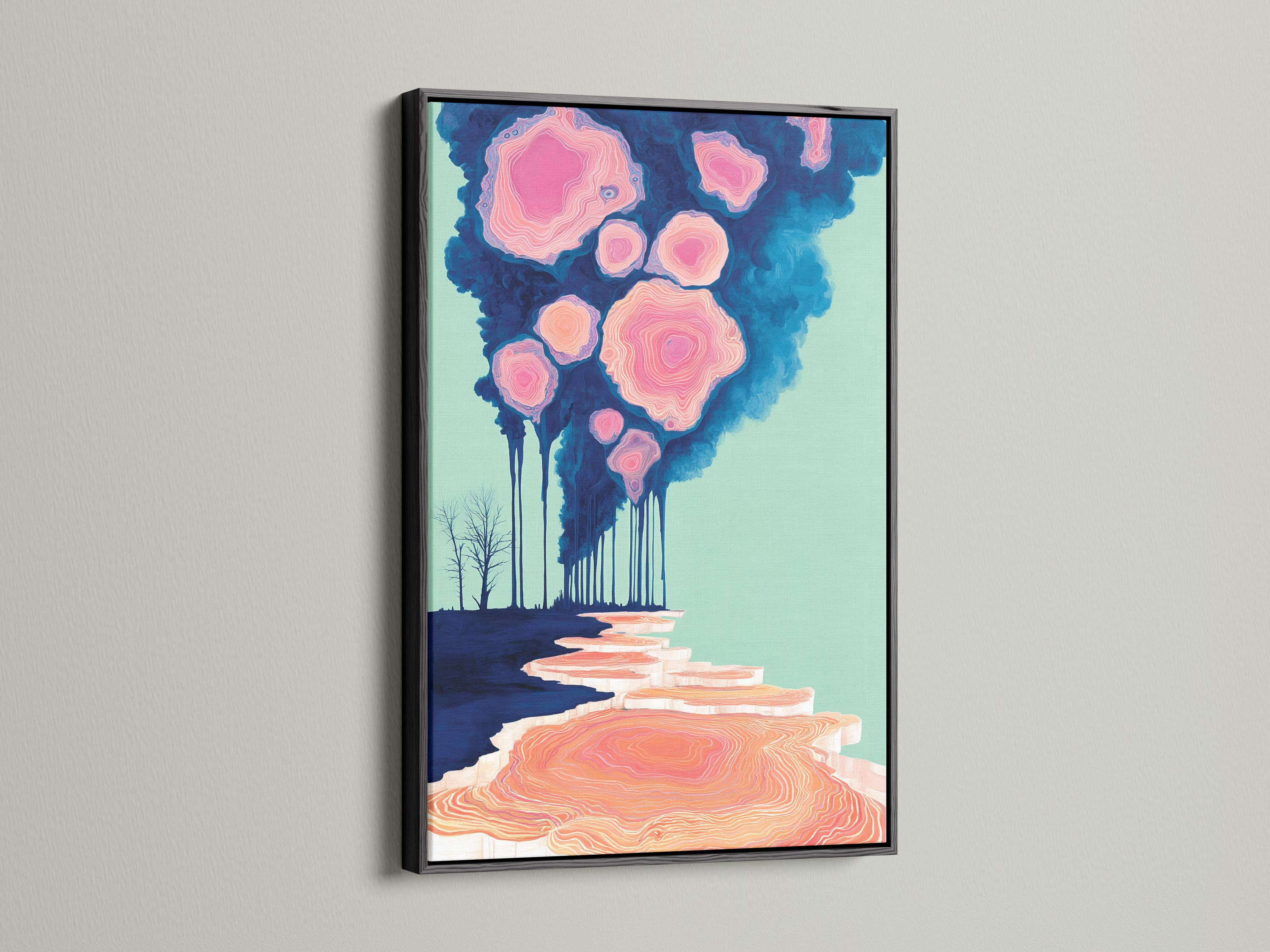 Teal and pink abstract forest scene with concentric ring-like forms and drips detail view