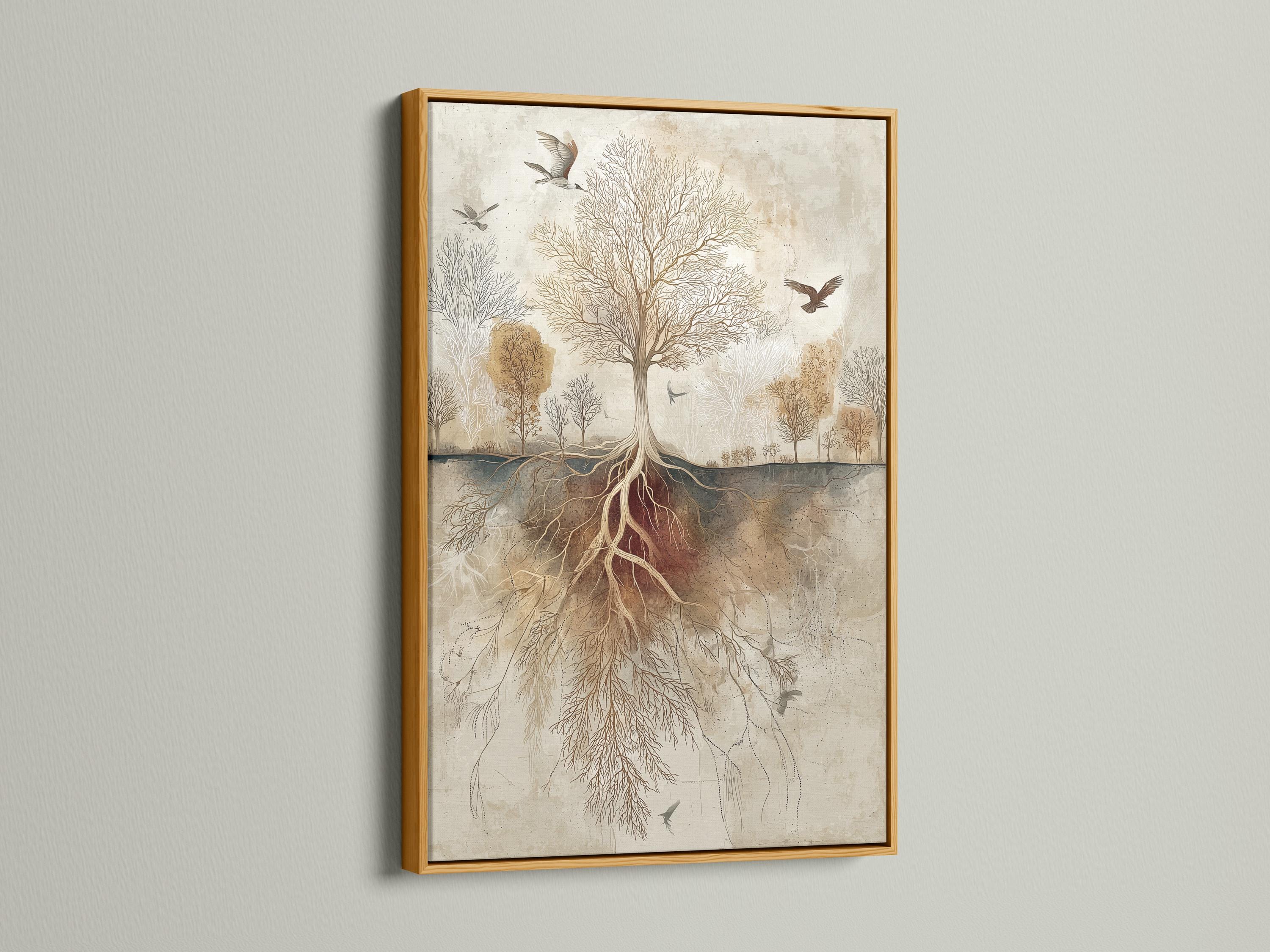 Beige tree-of-life botanical illustration with exposed roots and birds flying detail view