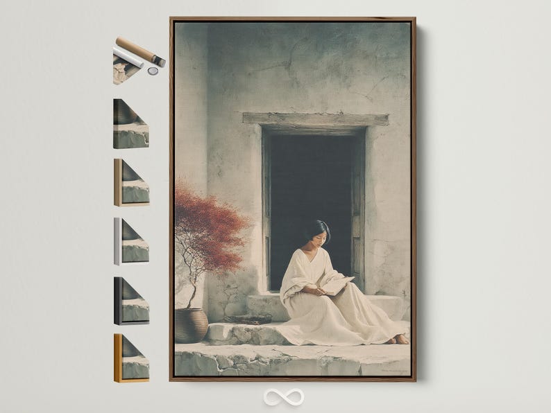 Seated woman reading a book in a stone doorway with a rust-red tree canopy