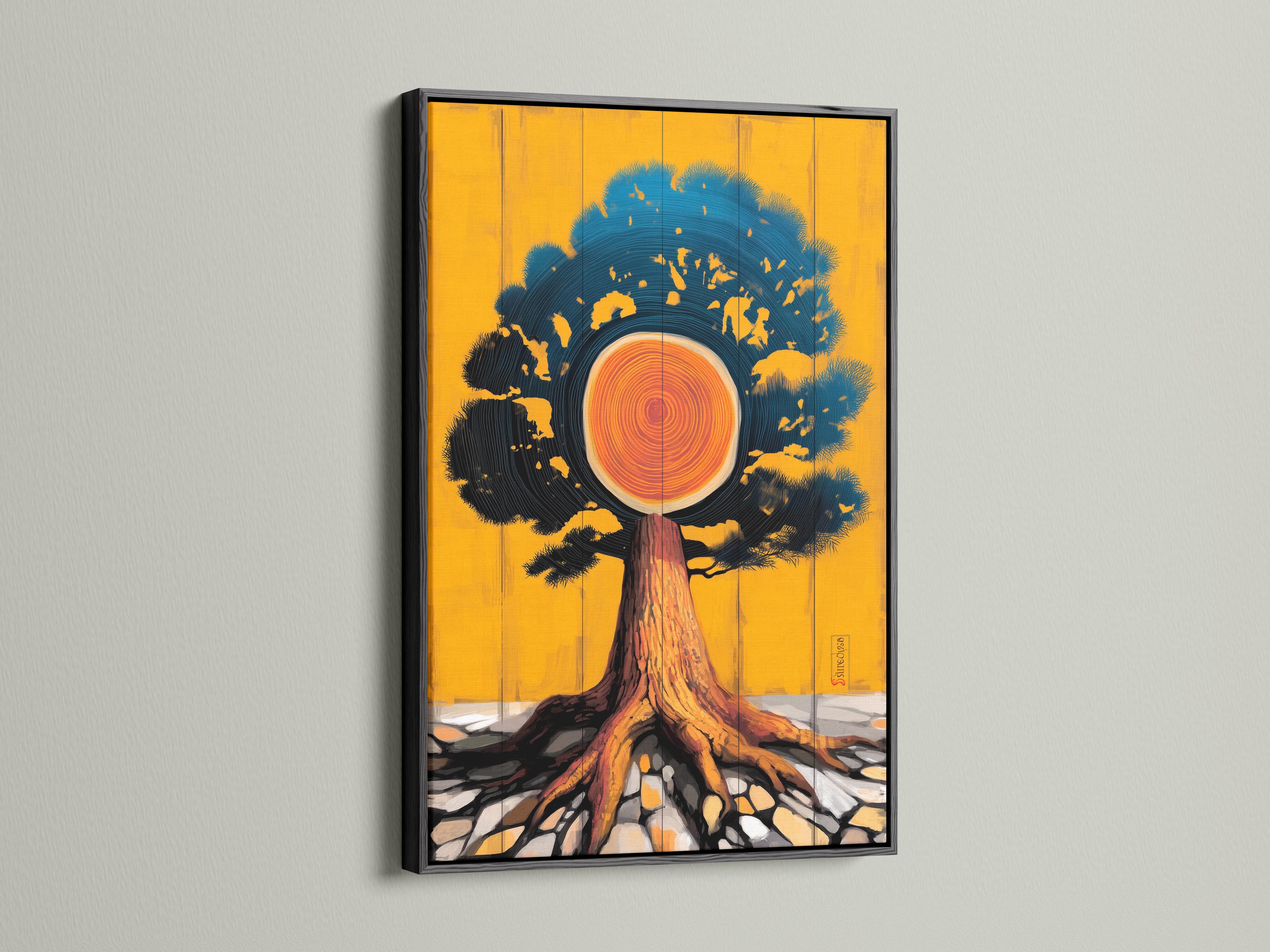 Stylised tree trunk and concentric tree rings with teal wave-like canopy on a gold background detail view