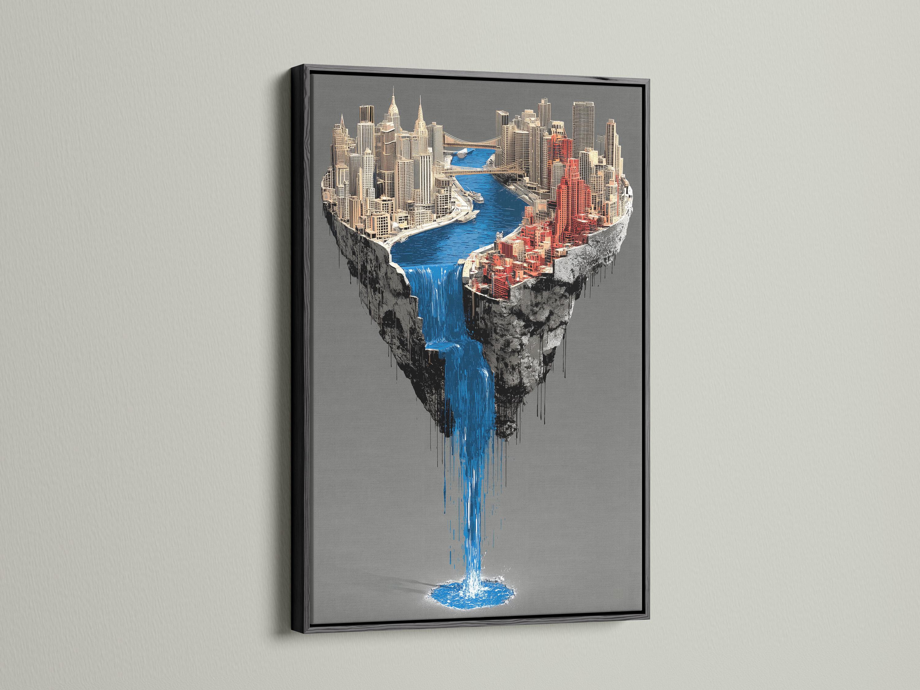 Surreal city skyline with a bright blue waterfall spilling down a floating island detail view