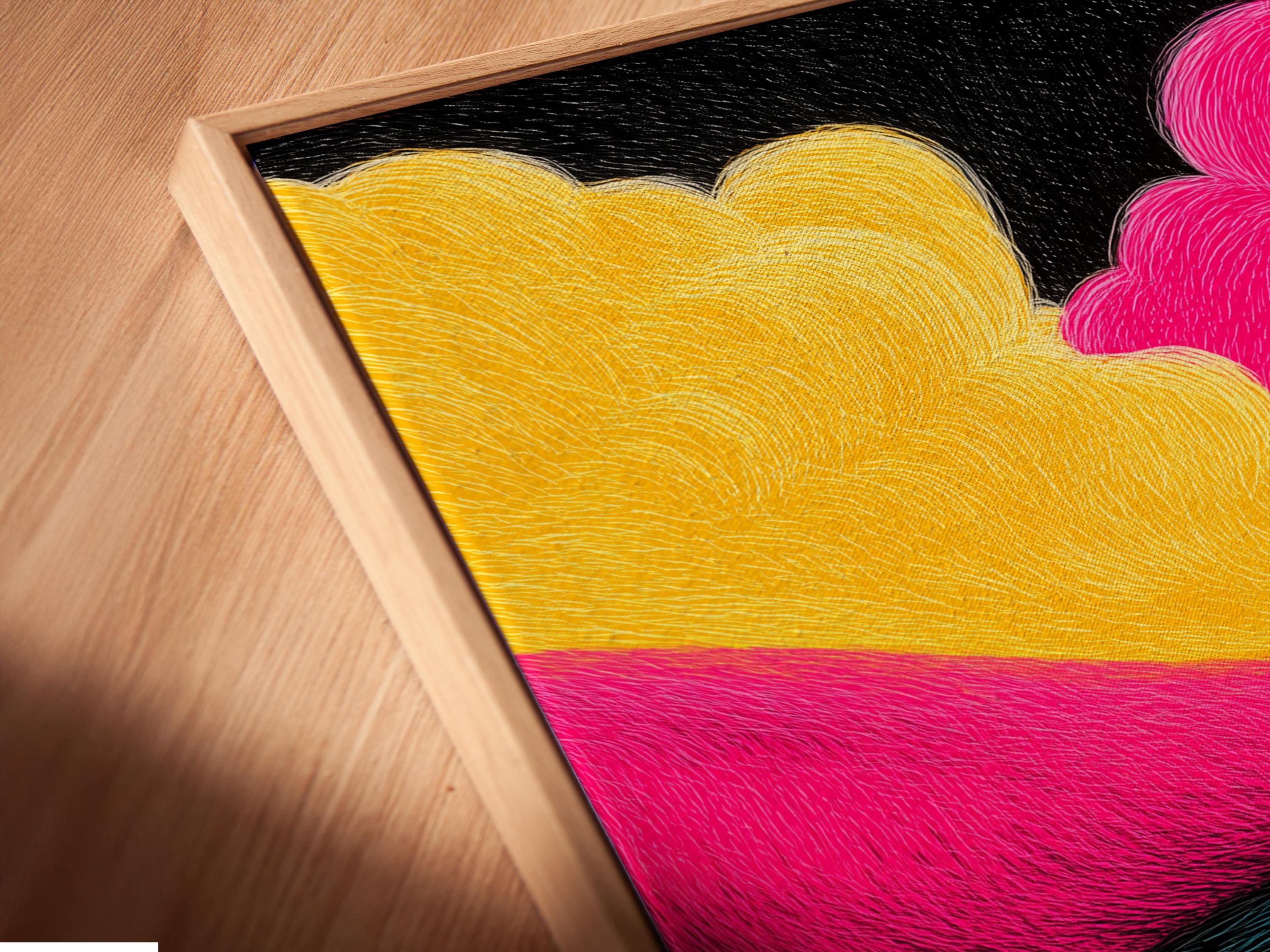 Vibrant abstract landscape with a winding path, layered pink and yellow fields, and cloud shapes under a dark sky detail view